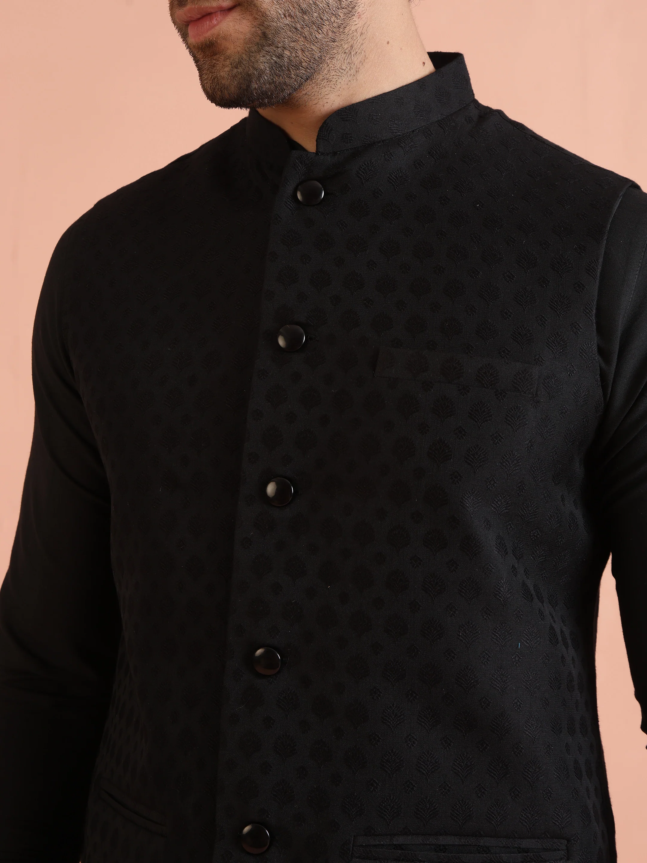 Black Jacquard Woven Jacket Kurta Trouser Set - Image 5