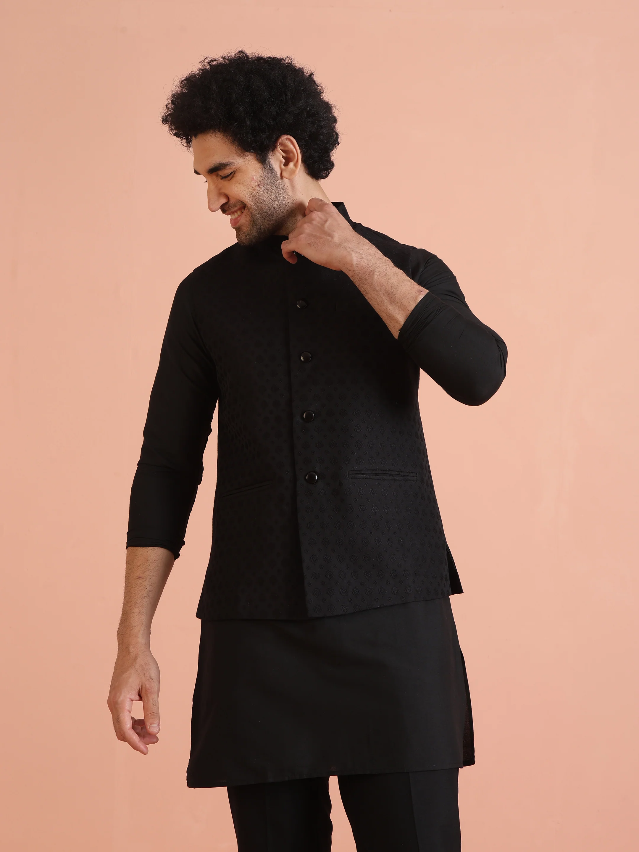 Black Jacquard Woven Jacket Kurta Trouser Set - Image 7