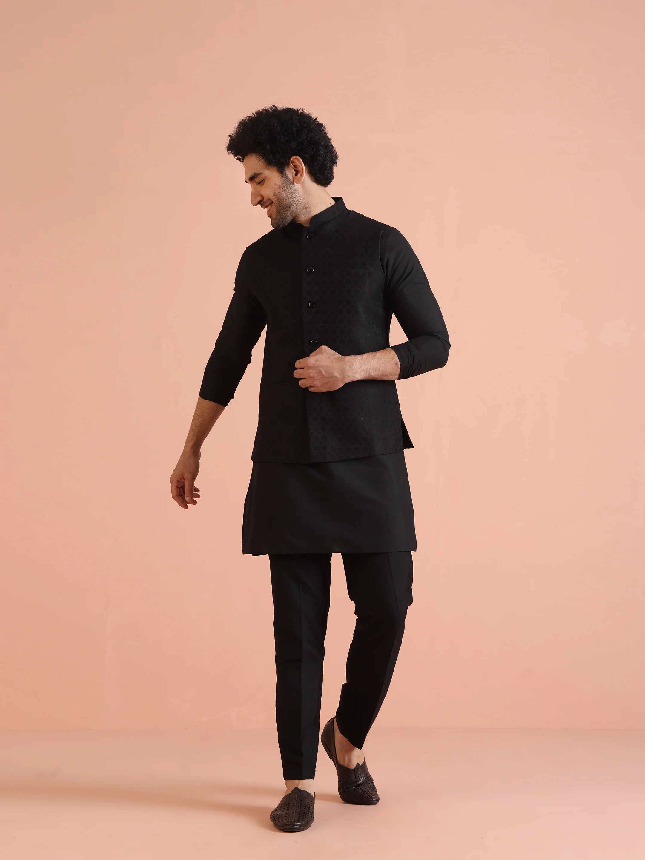 Black Jacquard Woven Jacket Kurta Trouser Set - Image 8