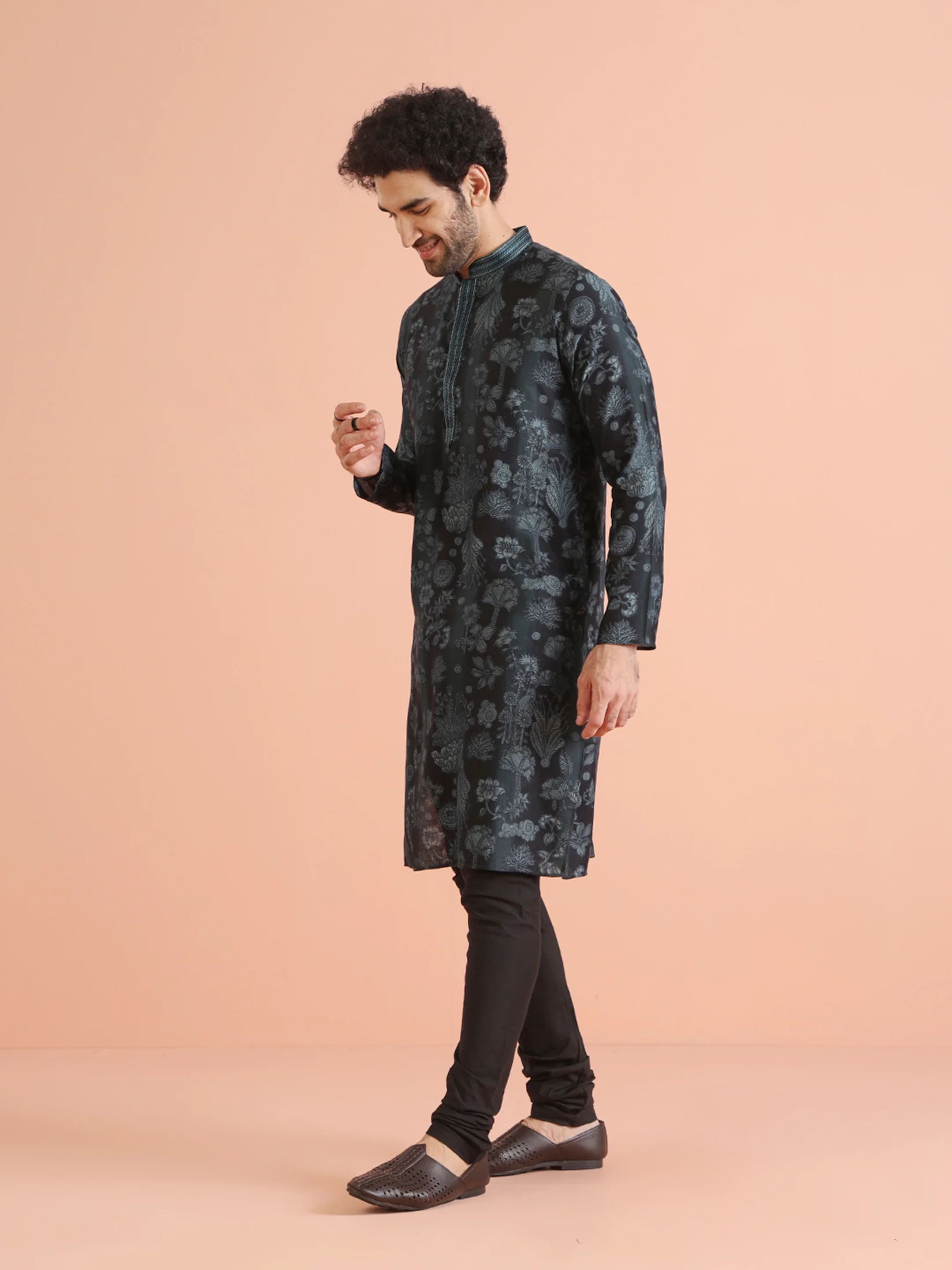 Black Floral Printed Kurta Churidar Set - Image 4