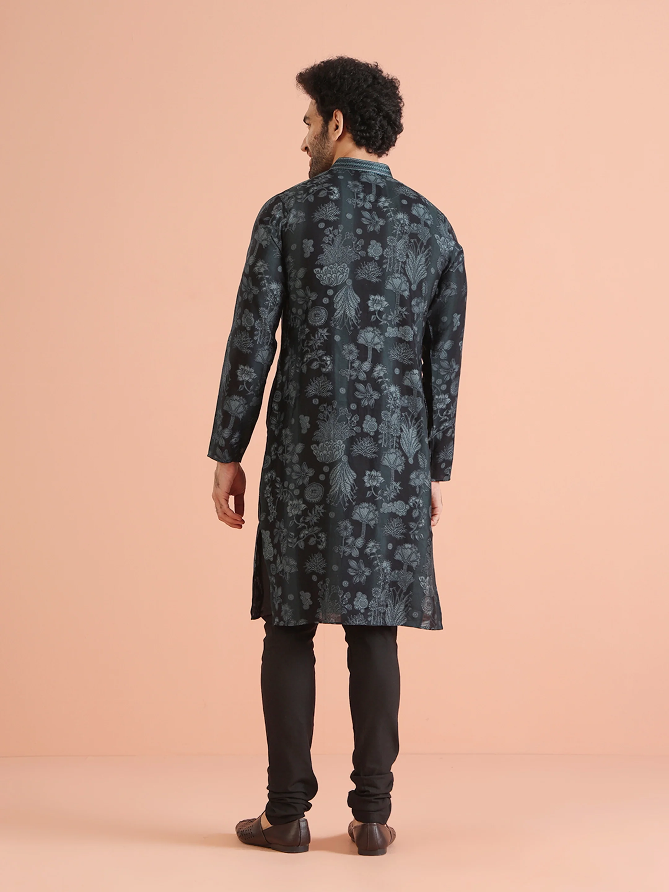 Black Floral Printed Kurta Churidar Set - Image 5