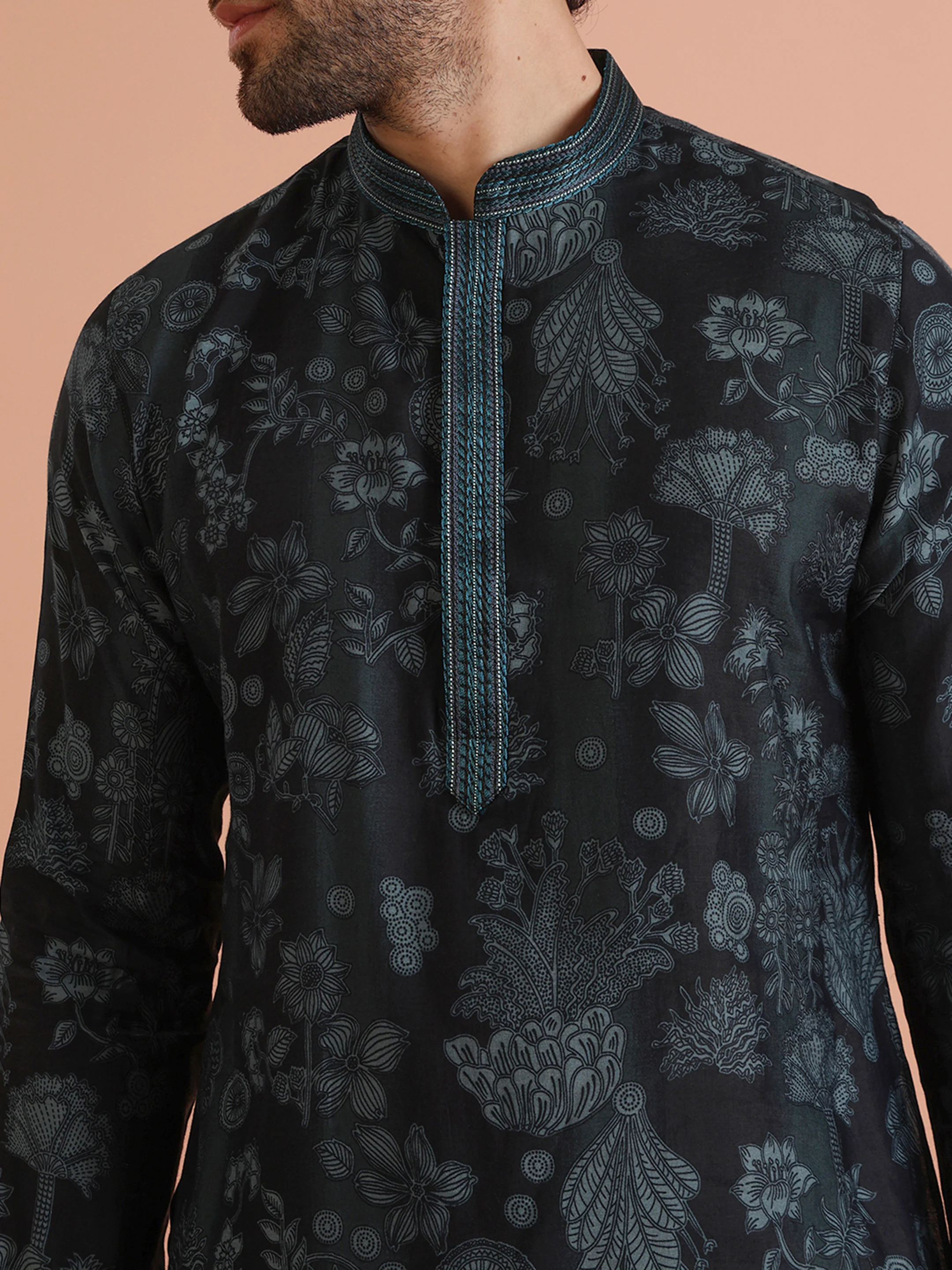 Black Floral Printed Kurta Churidar Set - Image 6