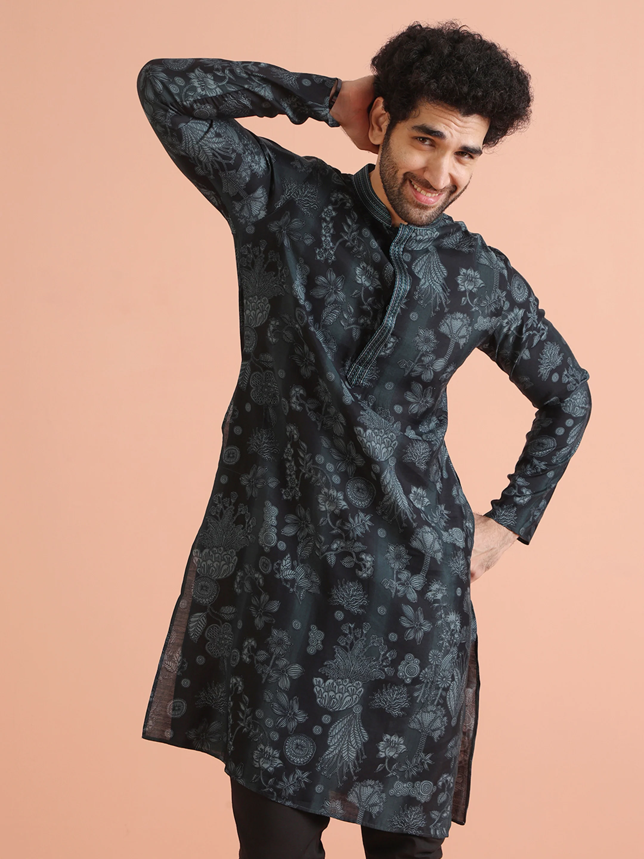 Black Floral Jacquard Silk Blend Kurta - Image 2