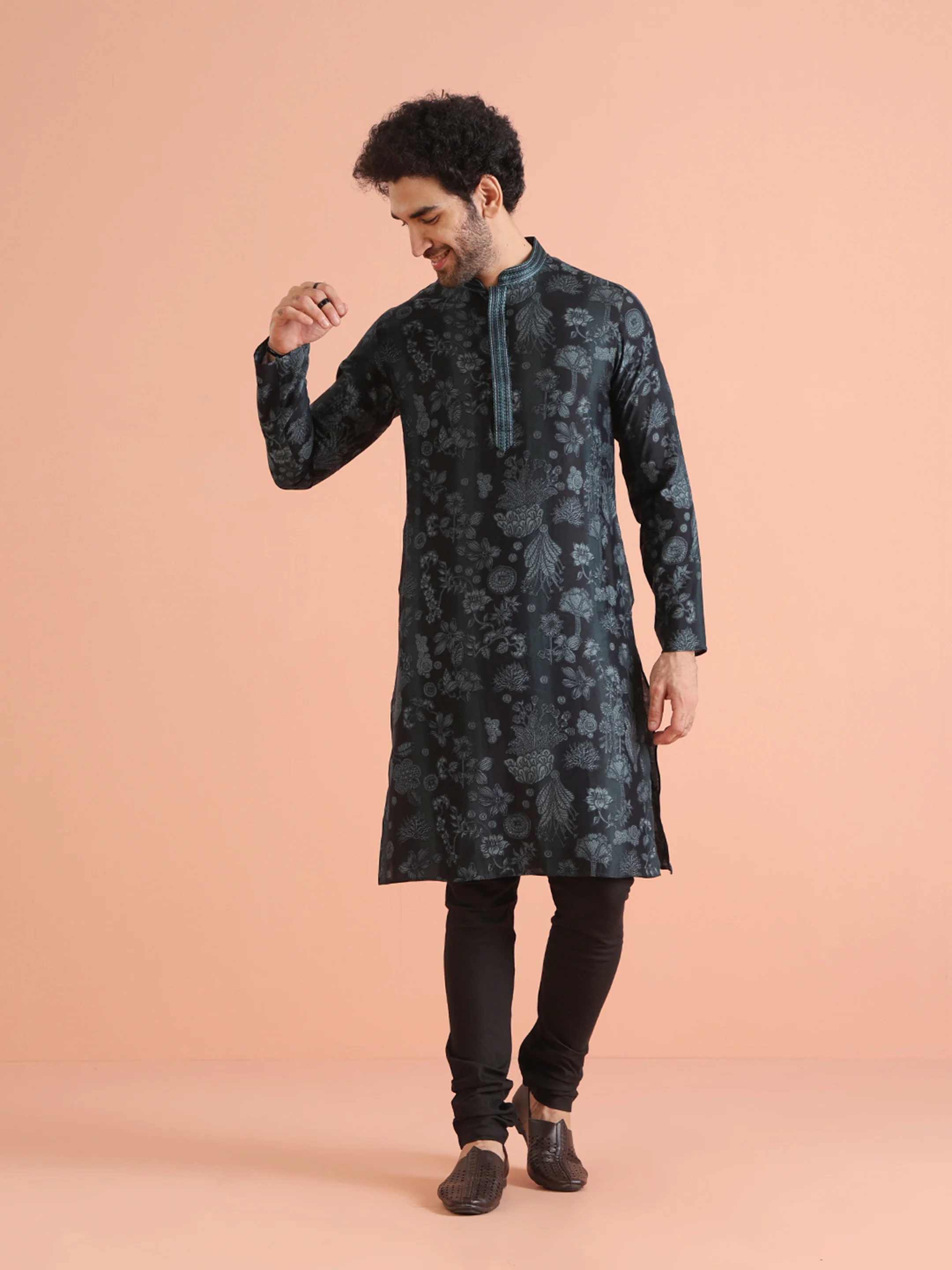 Black Floral Jacquard Silk Blend Kurta - Image 6