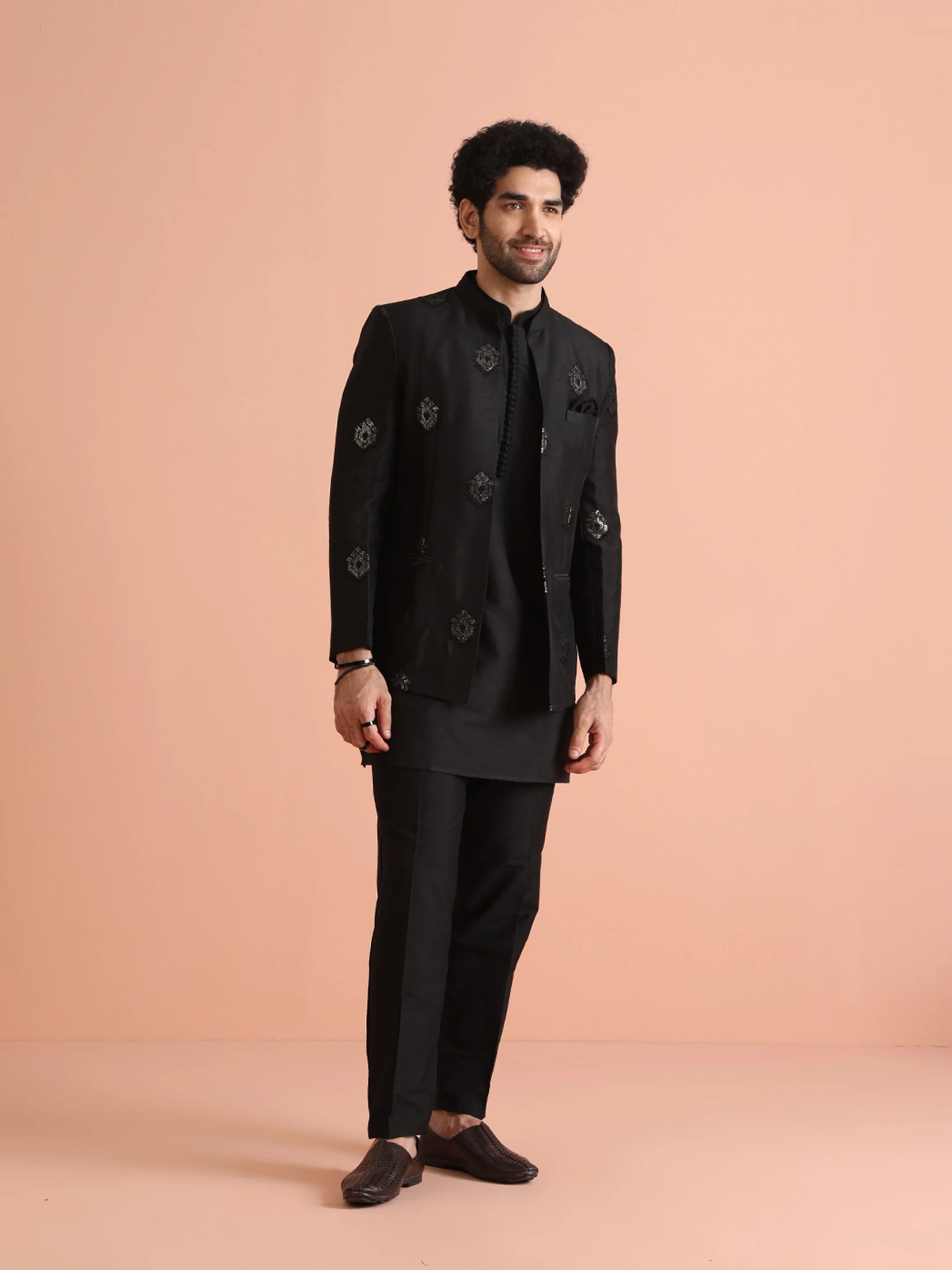 Black Embroidered Silk Blend Kurta Bandhgala Set - Image 3