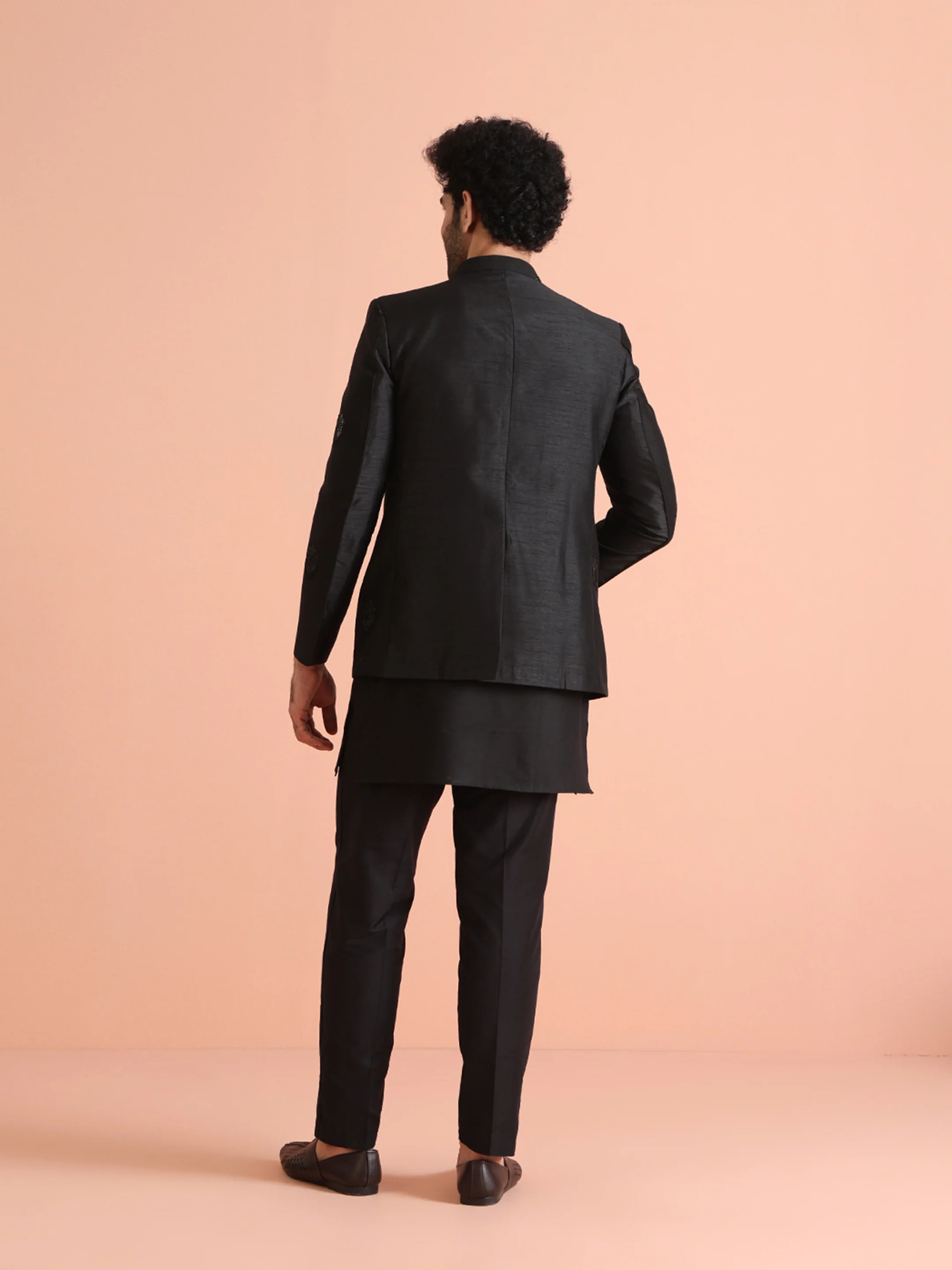 Black Embroidered Silk Blend Kurta Bandhgala Set - Image 5