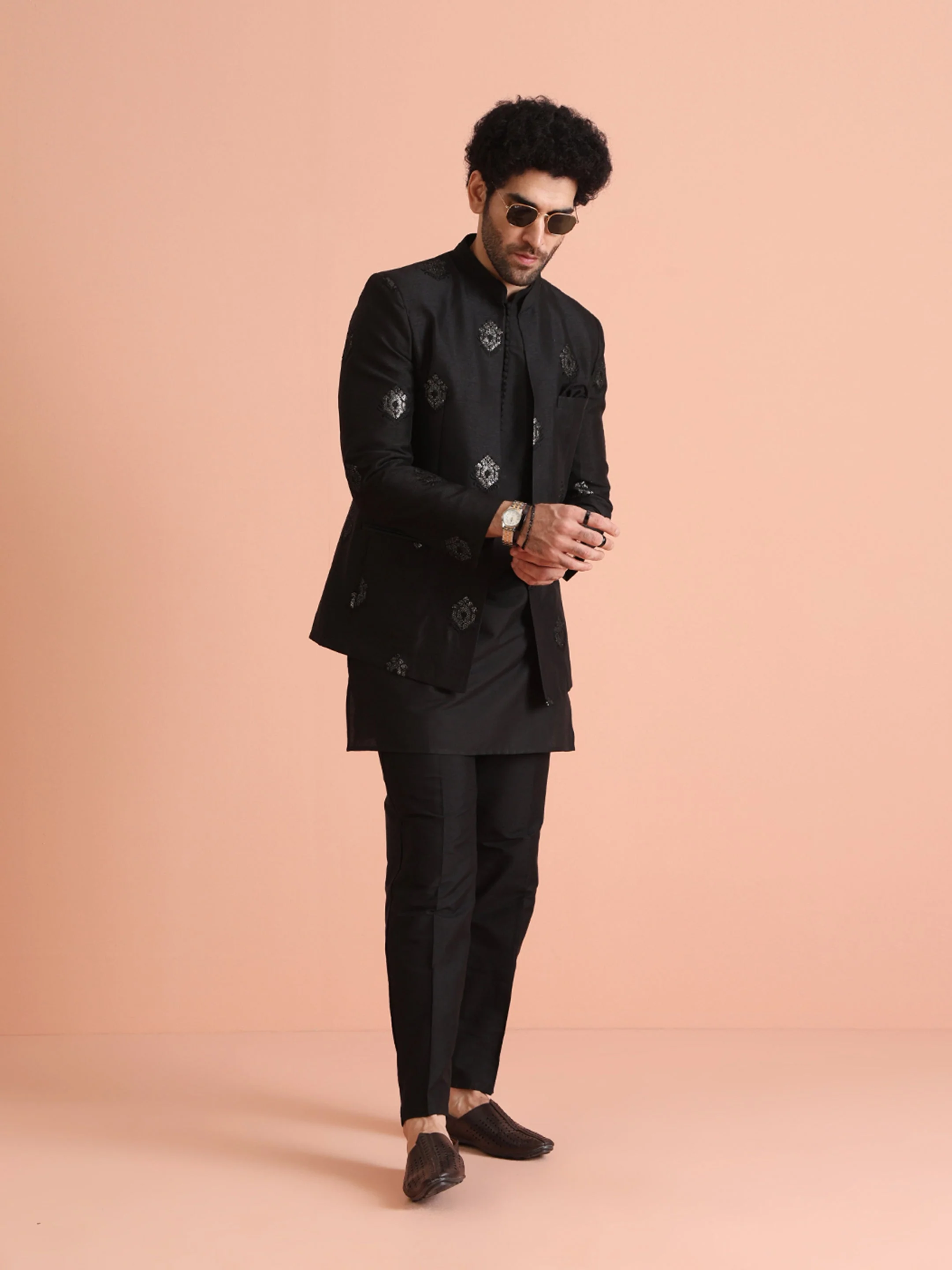 Black Embroidered Silk Blend Kurta Bandhgala Set - Image 9