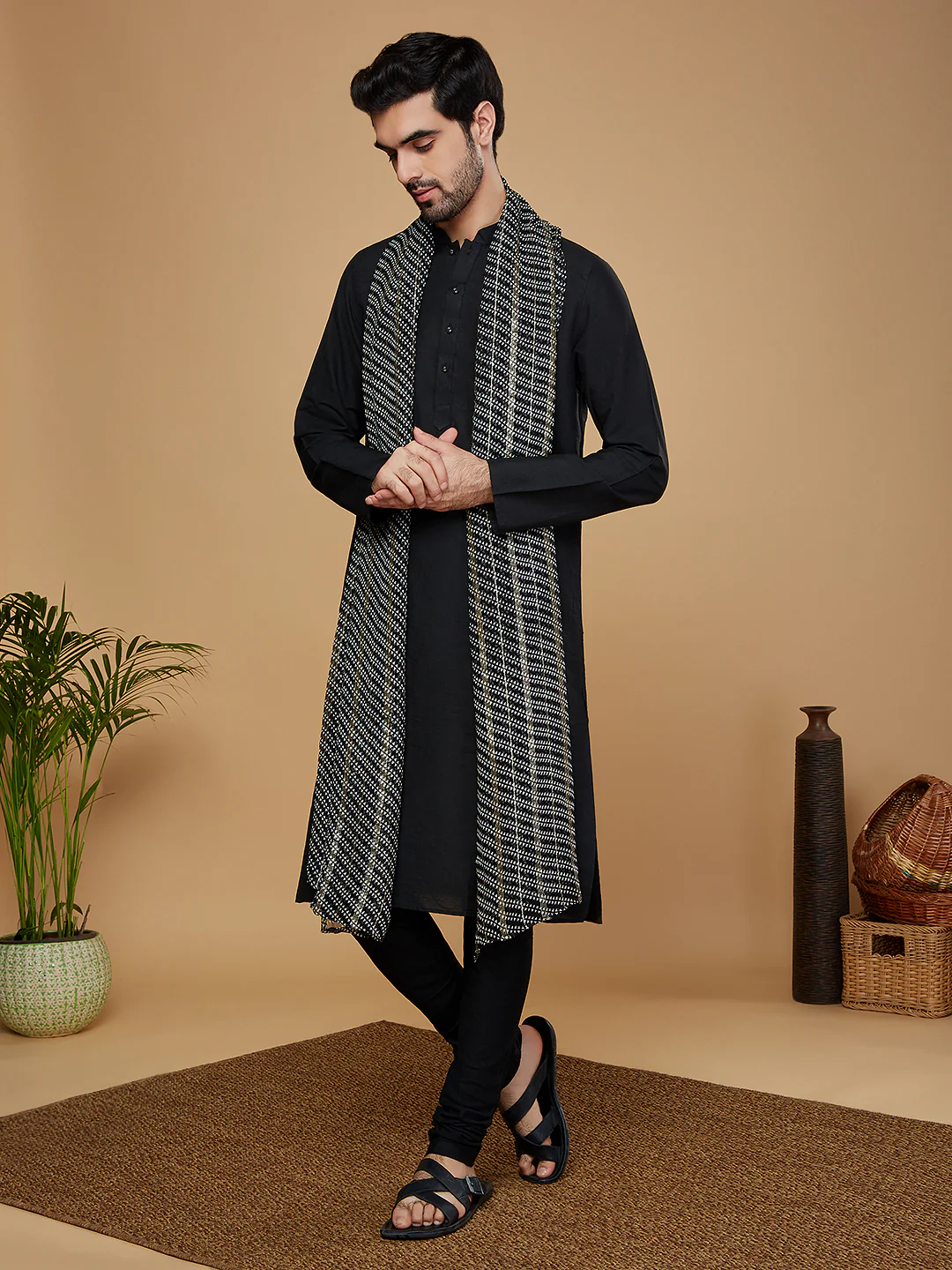Black Cotton Kurta Churidar with Striped Dupatta - Image 3