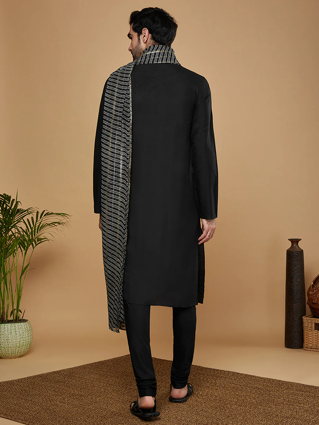 Black Cotton Kurta Churidar with Striped Dupatta - Image 4