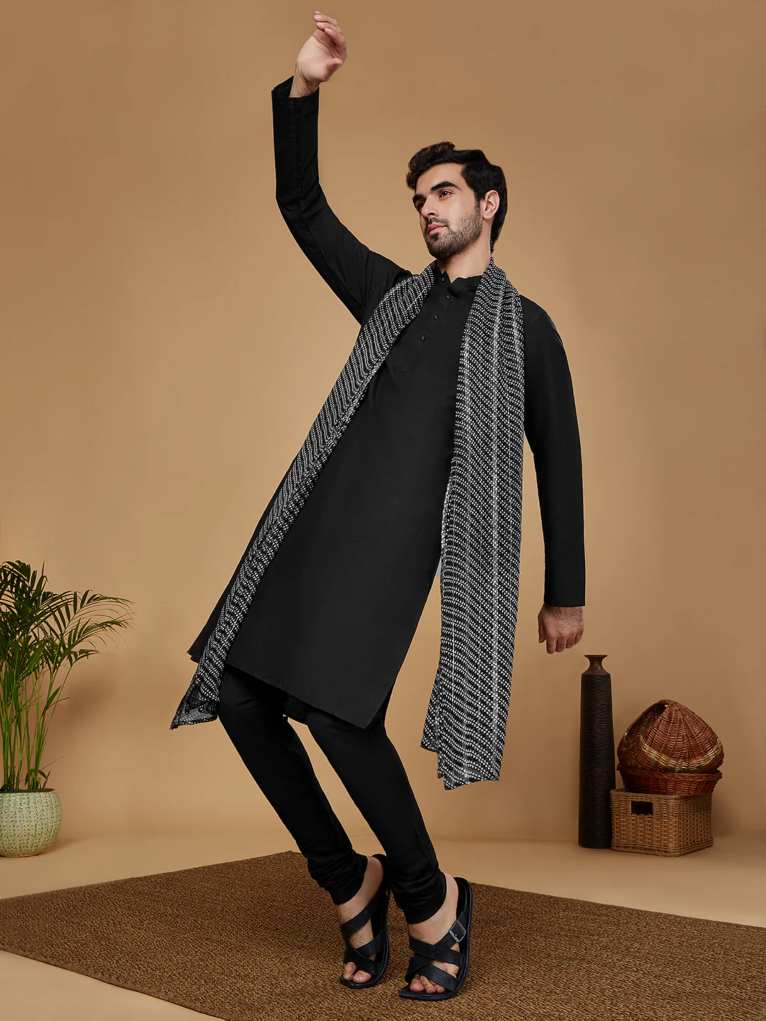 Black Cotton Kurta Churidar with Striped Dupatta - Image 8