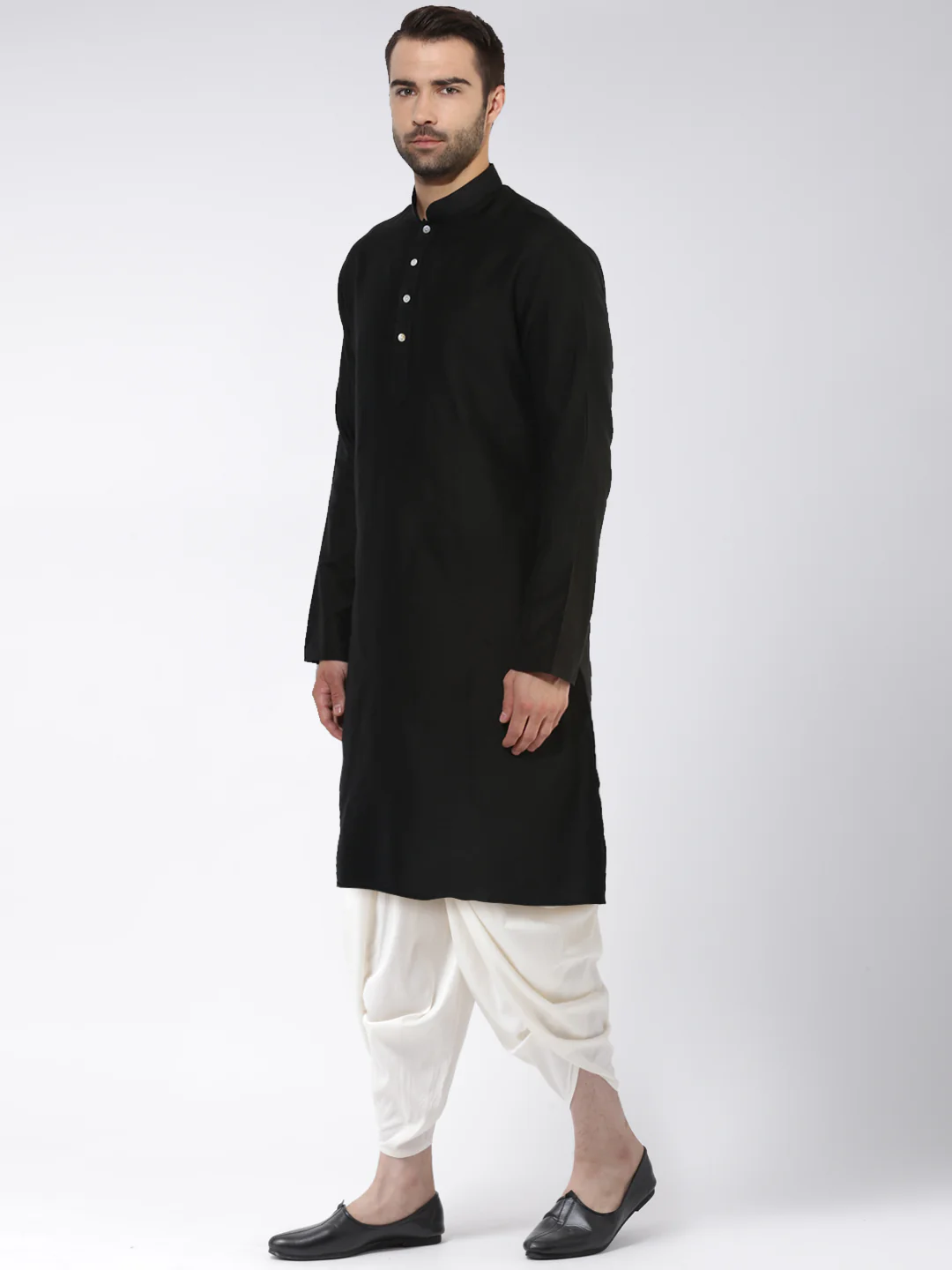 Black Cotton Silk Solid Kurta Dhoti Set - Image 3