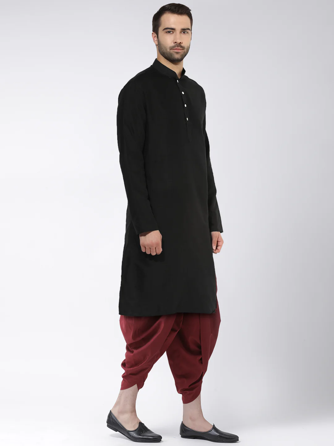 Black Cotton Silk Kurta with Maroon Dhoti Set - Image 2