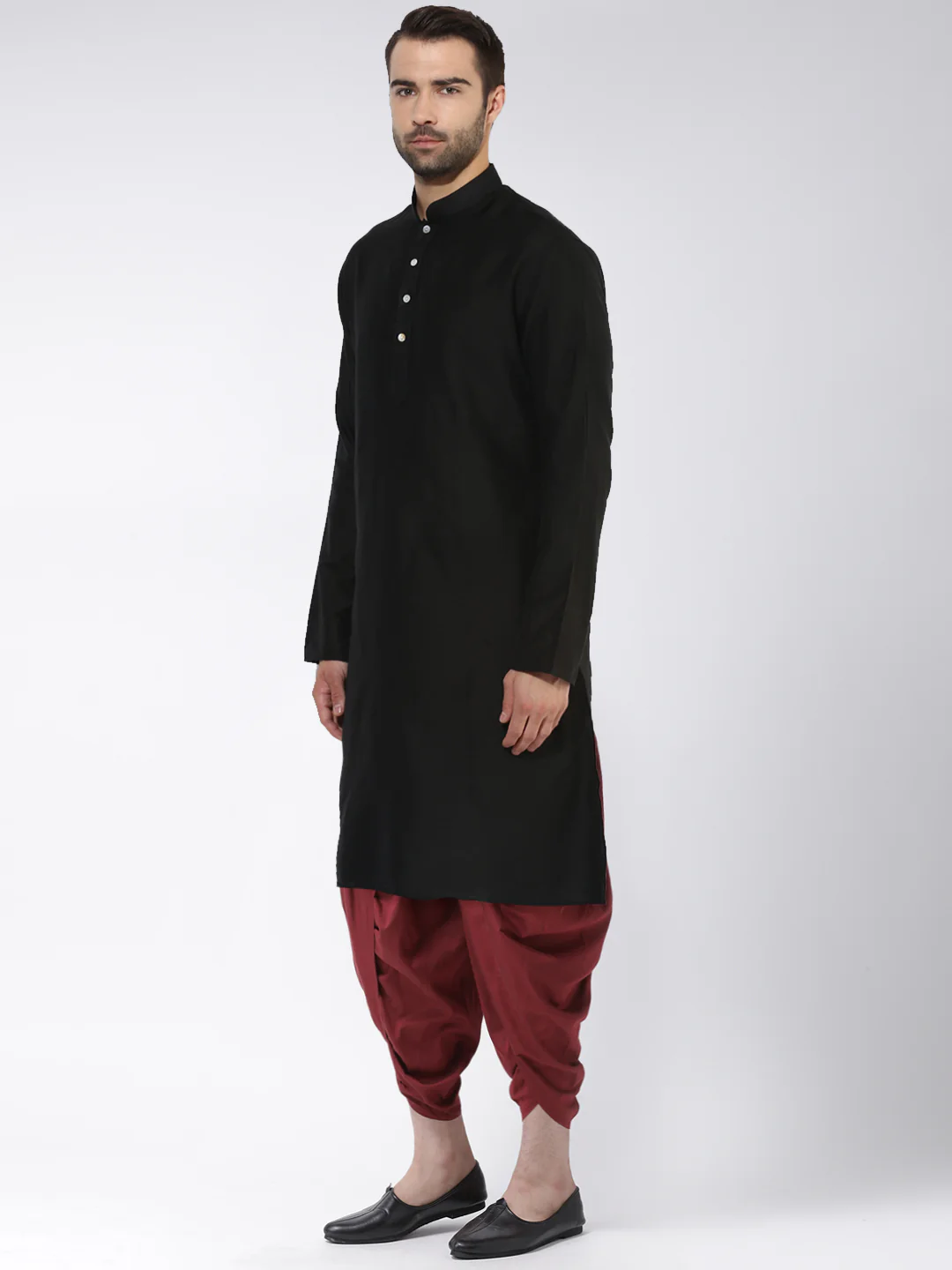 Black Cotton Silk Kurta with Maroon Dhoti Set - Image 3