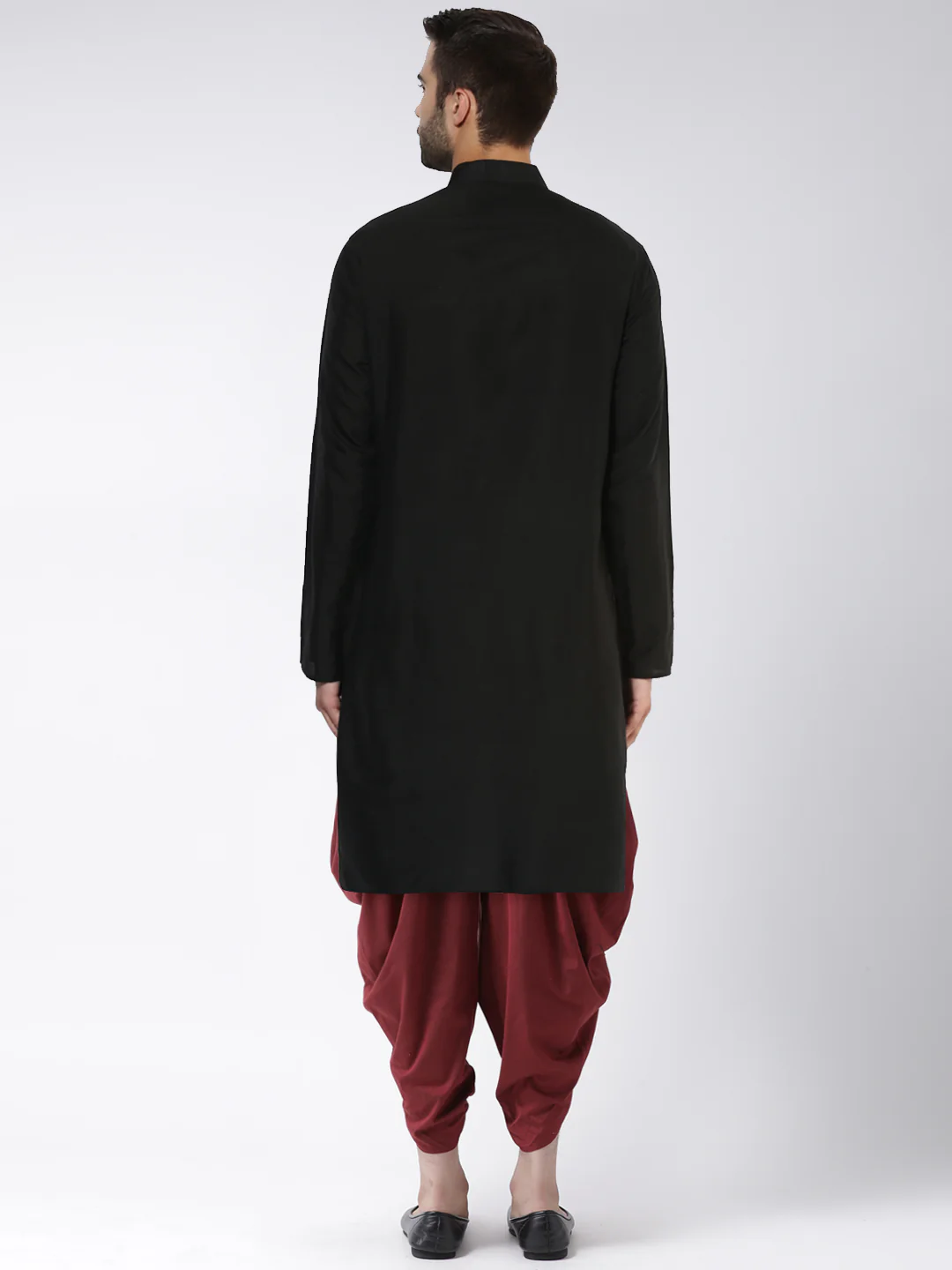 Black Cotton Silk Kurta with Maroon Dhoti Set - Image 4
