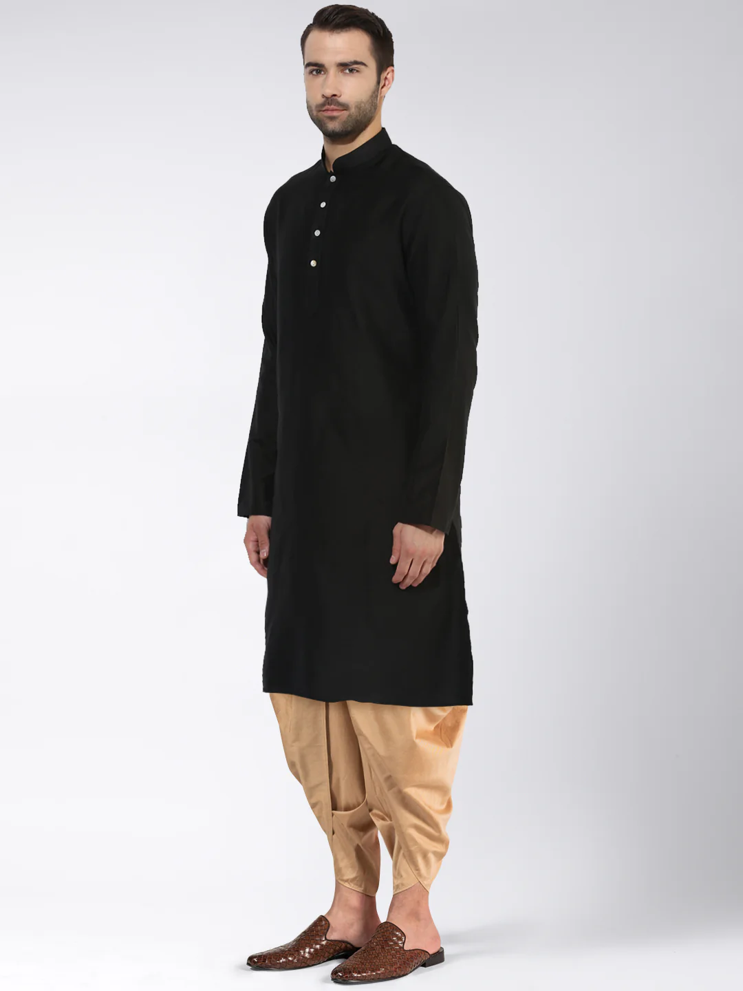 Black Silk Blend Solid Kurta Golden Dhoti Set - Image 3