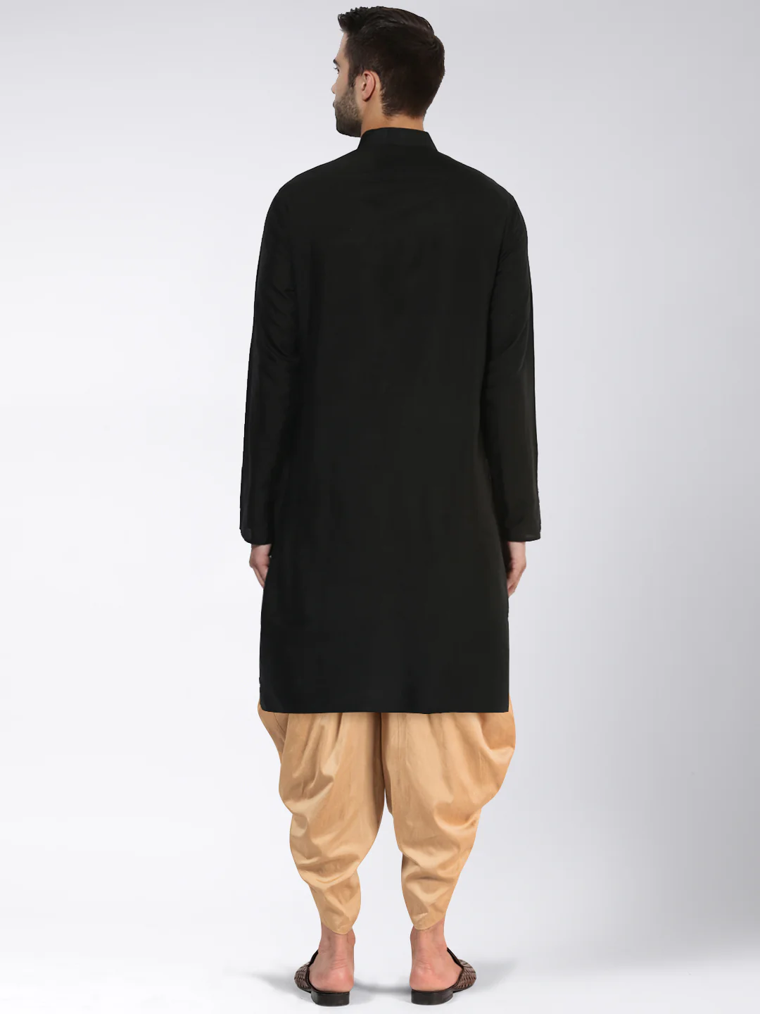 Black Silk Blend Solid Kurta Golden Dhoti Set - Image 4