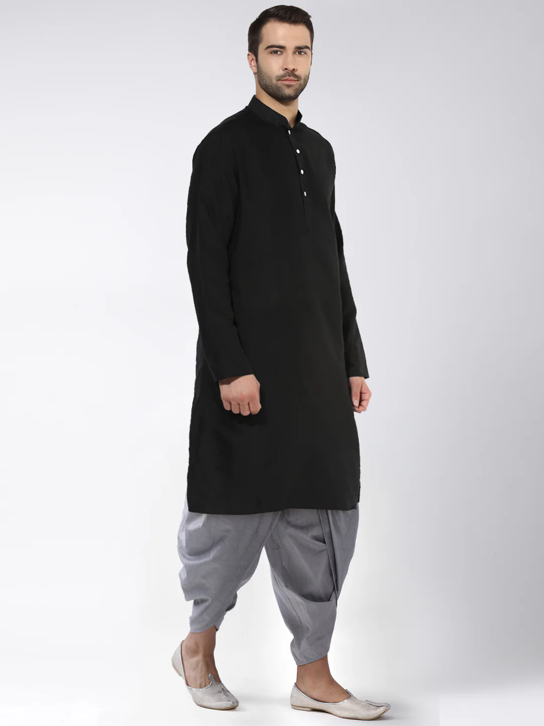 Black Silk Blend Kurta Set with Minimal Design and Grey Dhoti Pants â€“ Festive & Wedding Ensemble - Image 2
