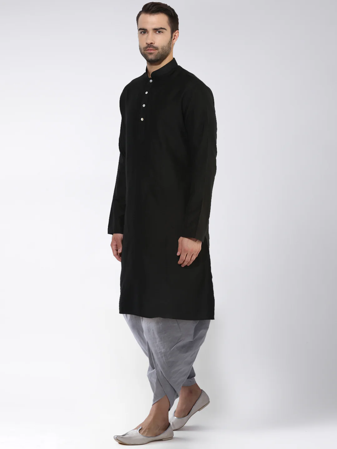 Black Silk Blend Kurta Set with Minimal Design and Grey Dhoti Pants â€“ Festive & Wedding Ensemble - Image 3