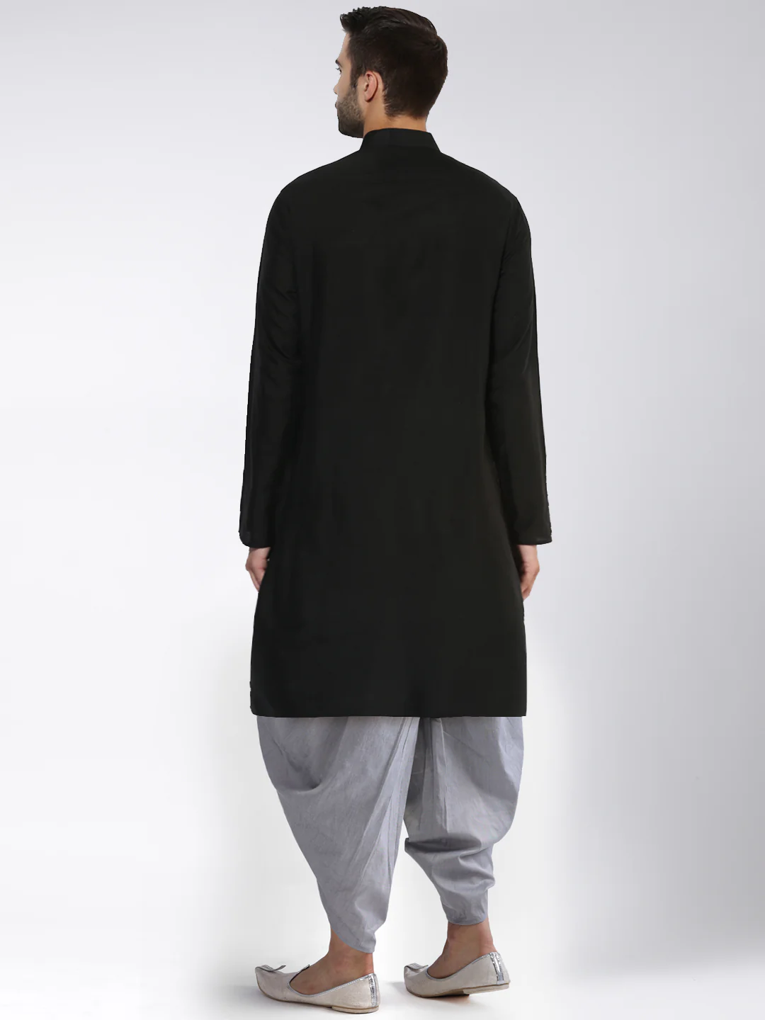Black Silk Blend Kurta Set with Minimal Design and Grey Dhoti Pants â€“ Festive & Wedding Ensemble - Image 4