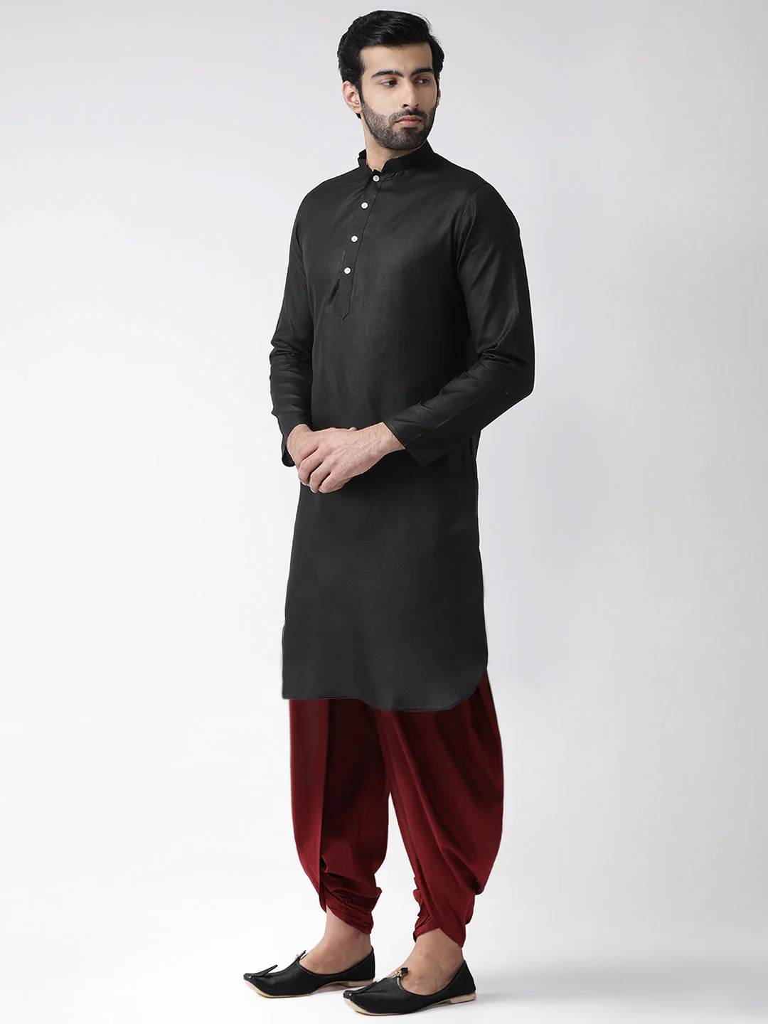 Black Silk Kurta with Maroon Dhoti - Image 2