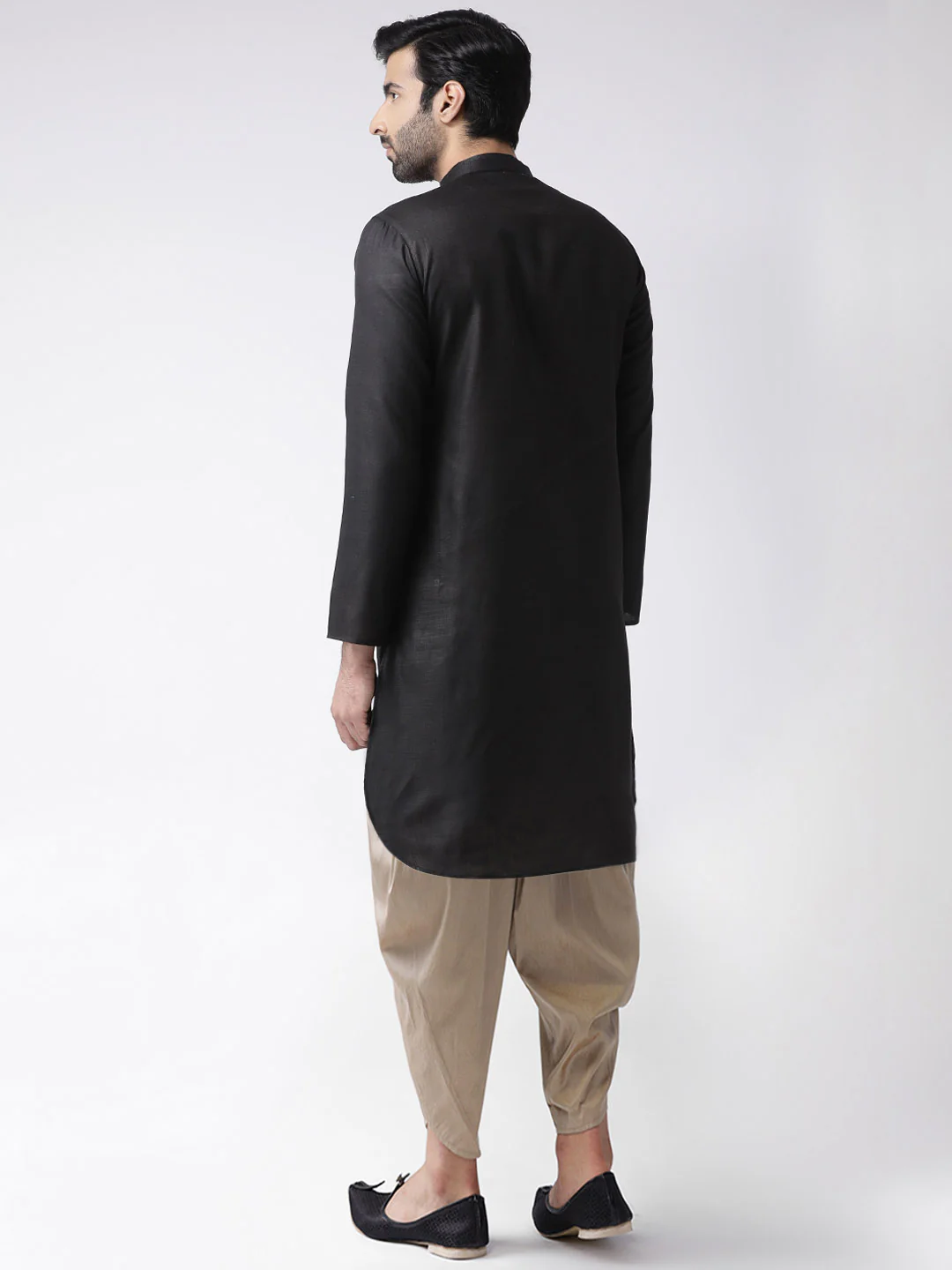 Black Silk Blend Kurta with Beige Dhoti - Image 3