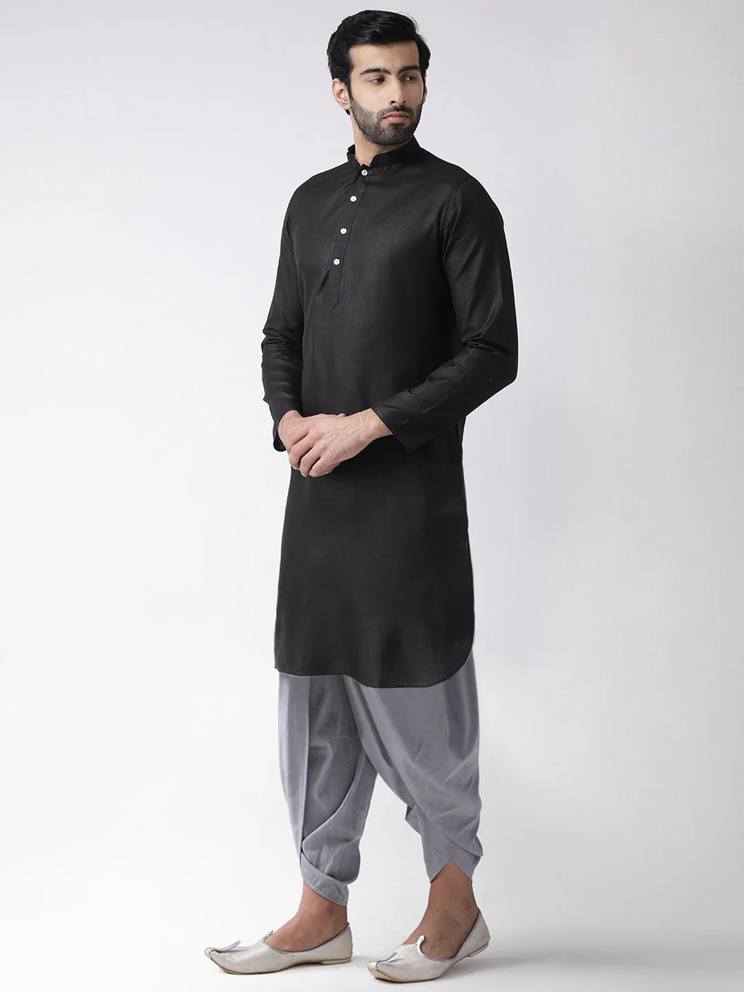 Black Cotton Silk Kurta Grey Dhoti Set - Image 2