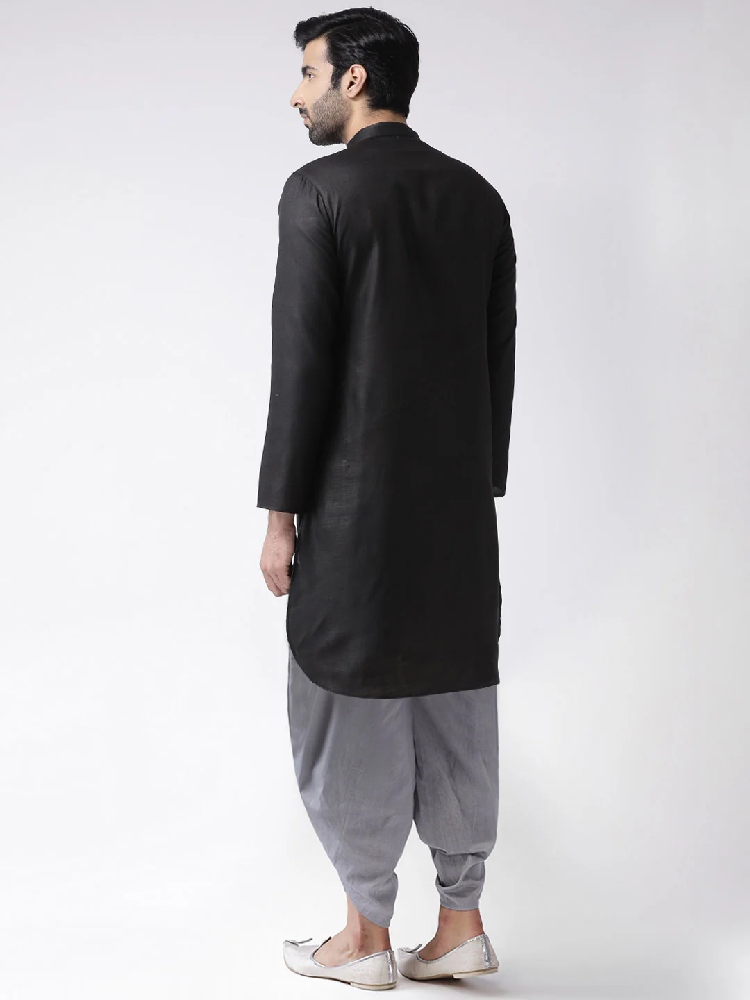 Black Cotton Silk Kurta Grey Dhoti Set - Image 3