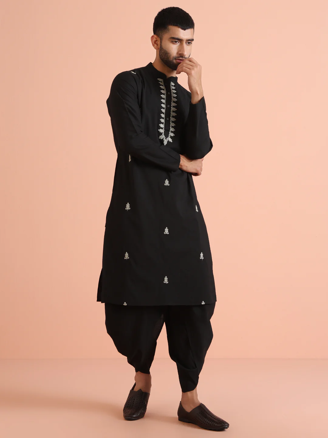 Men Black Kurta Dhoti Set - Image 2