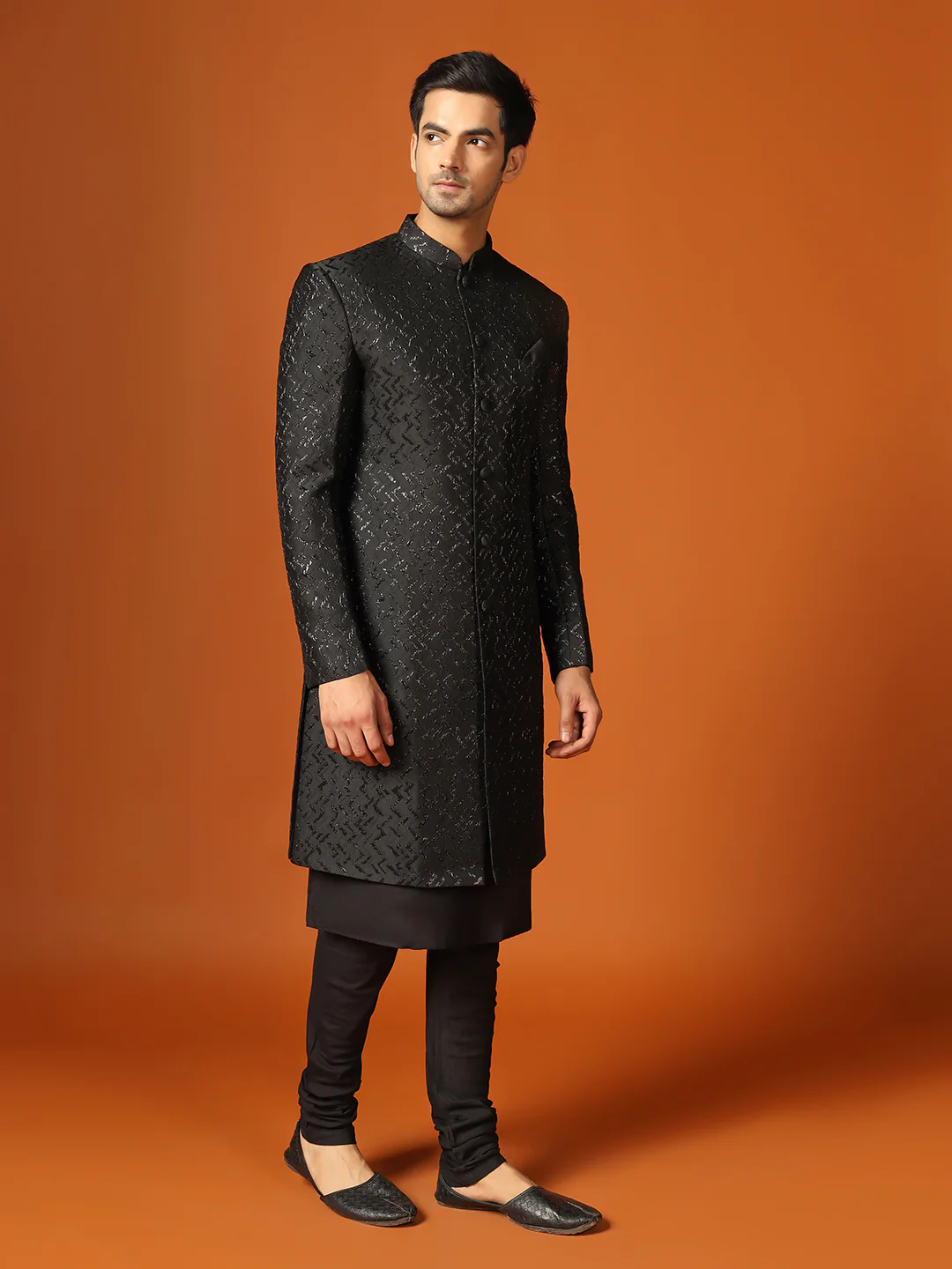 Men Shinny Black Kurta Indowestern Churidar Set - Image 2