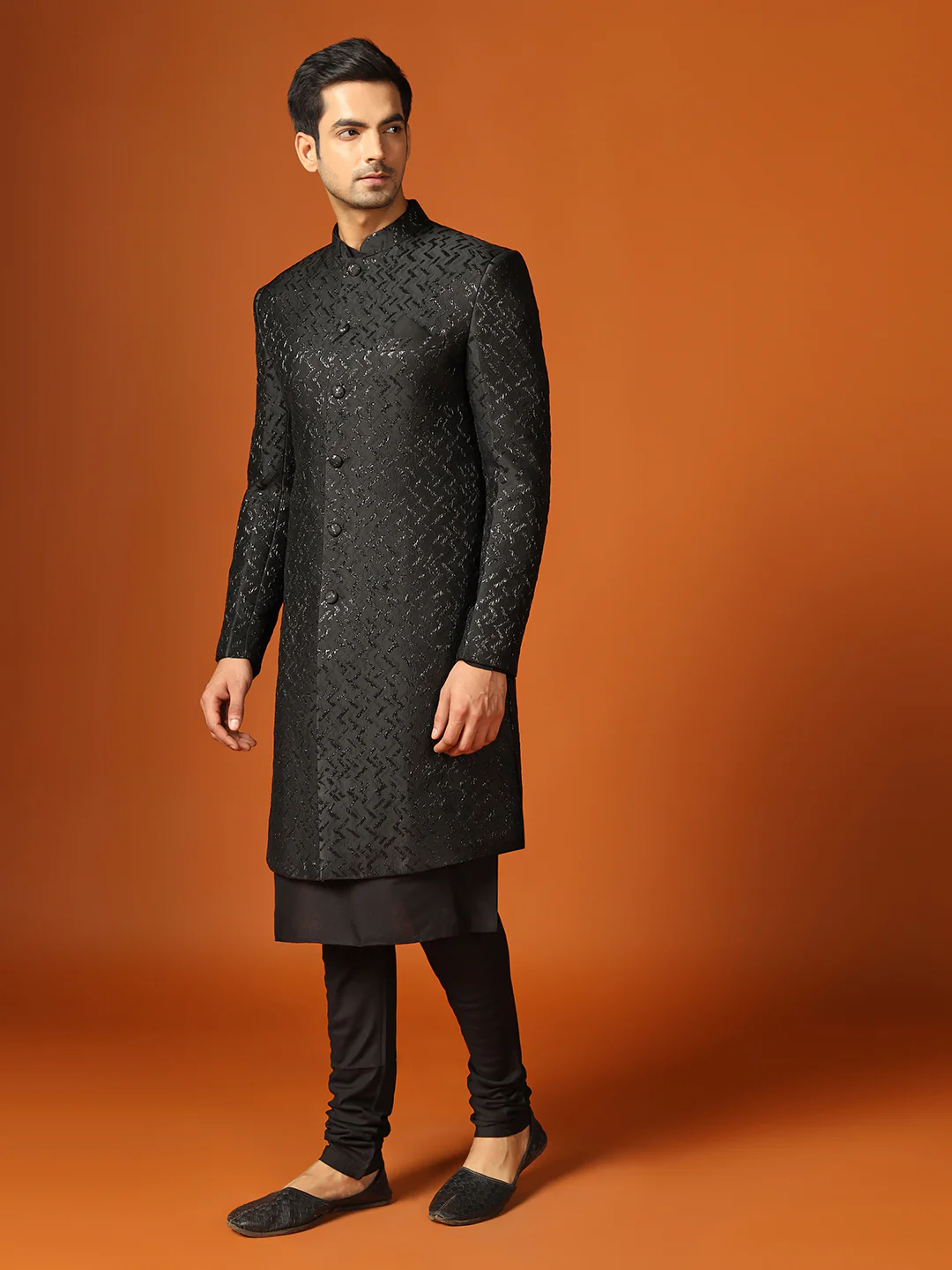 Men Shinny Black Kurta Indowestern Churidar Set - Image 3