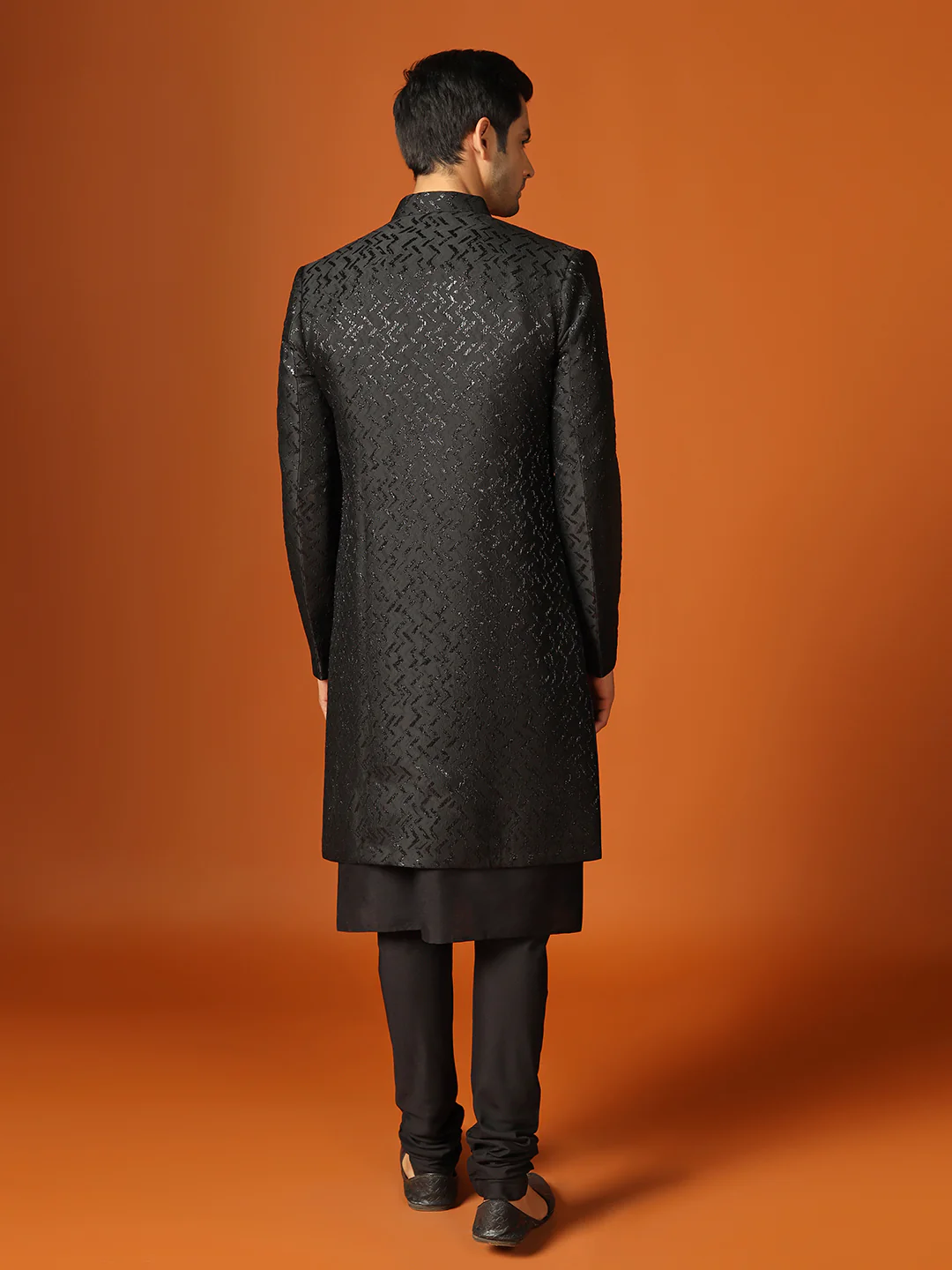 Men Shinny Black Kurta Indowestern Churidar Set - Image 4