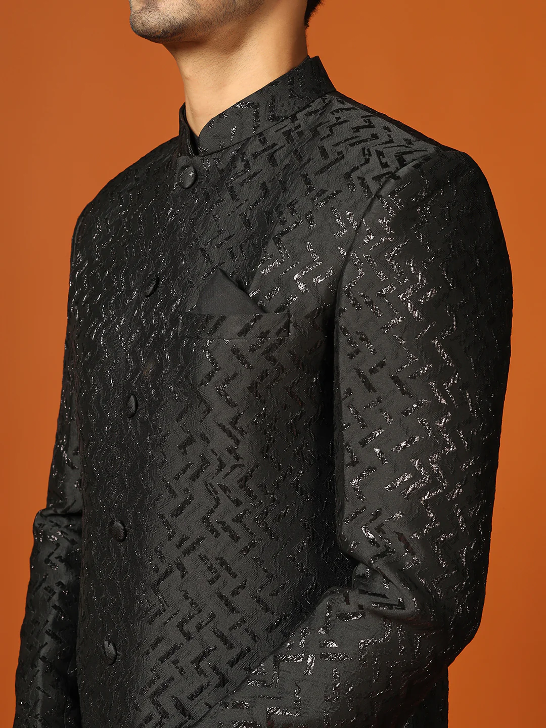 Men Shinny Black Kurta Indowestern Churidar Set - Image 5