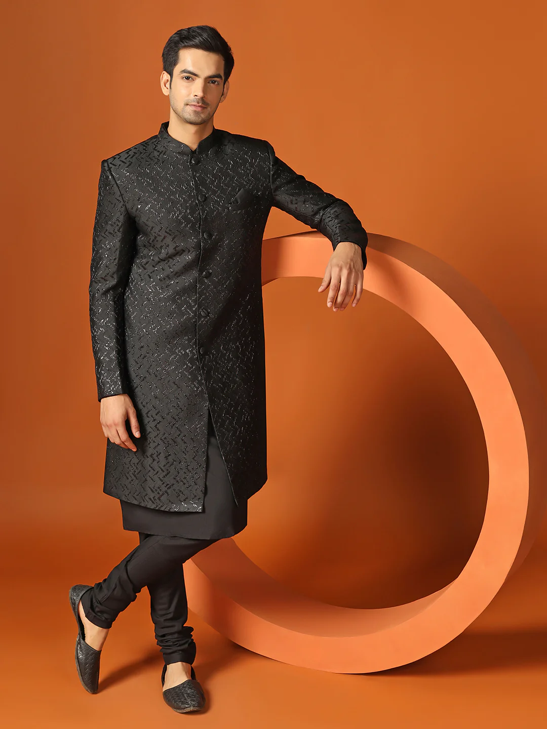 Men Shinny Black Kurta Indowestern Churidar Set - Image 8