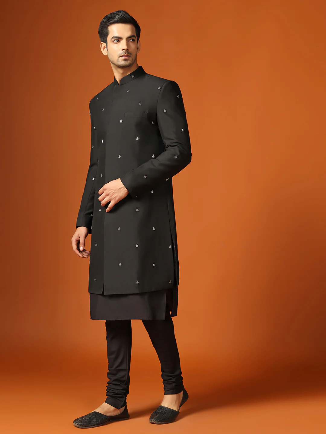 Men Black Cut Dana Embroidered Kurta Indowestern Churidar Set - Image 3