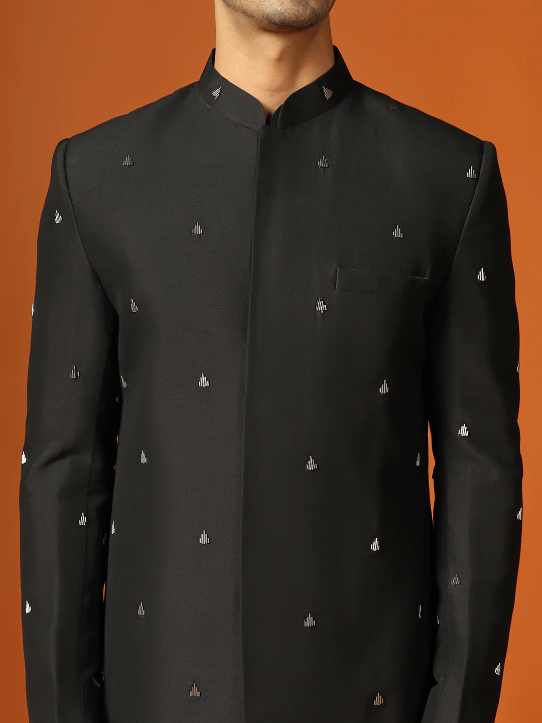 Men Black Cut Dana Embroidered Kurta Indowestern Churidar Set - Image 5