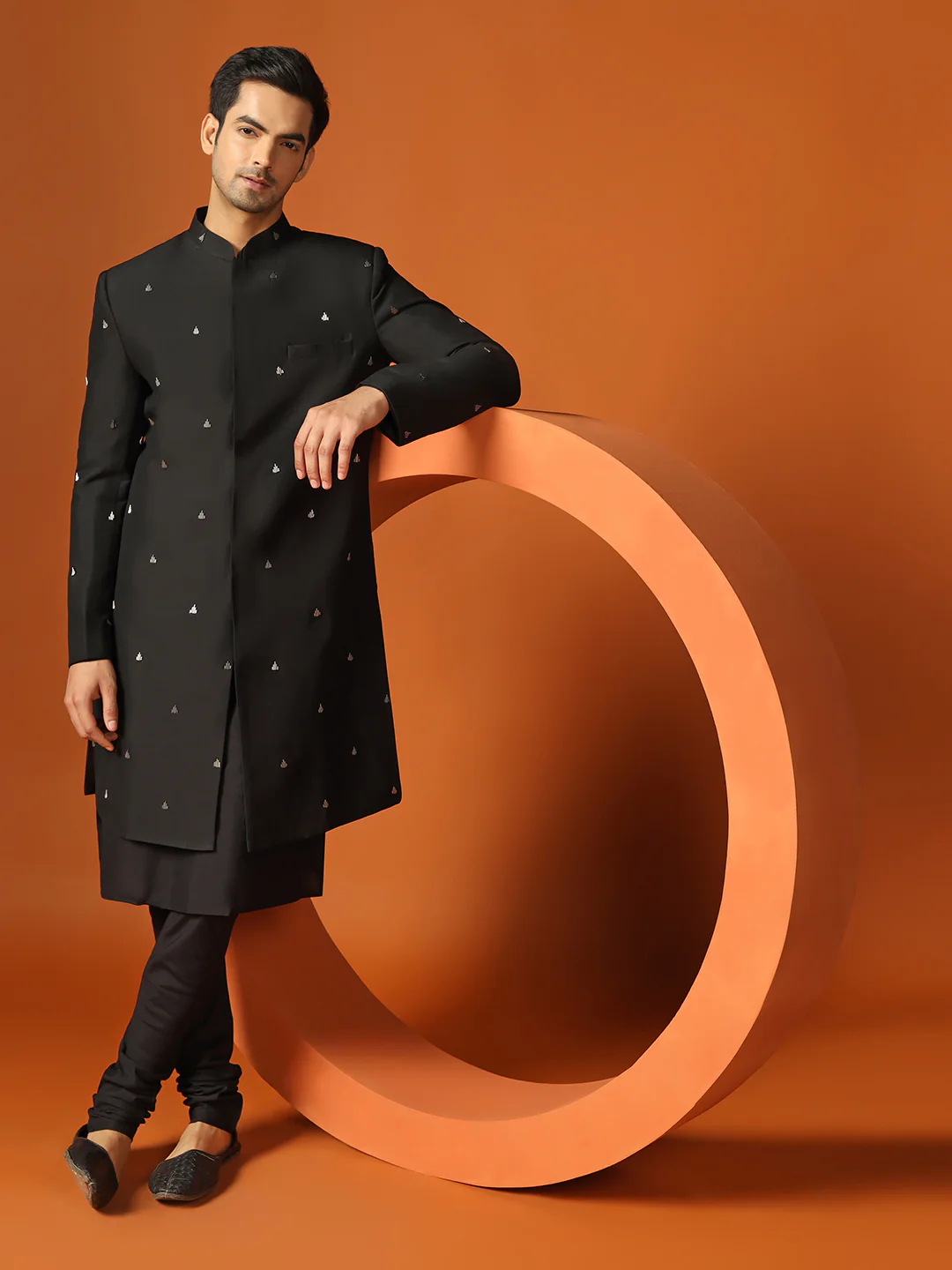Men Black Cut Dana Embroidered Kurta Indowestern Churidar Set - Image 8