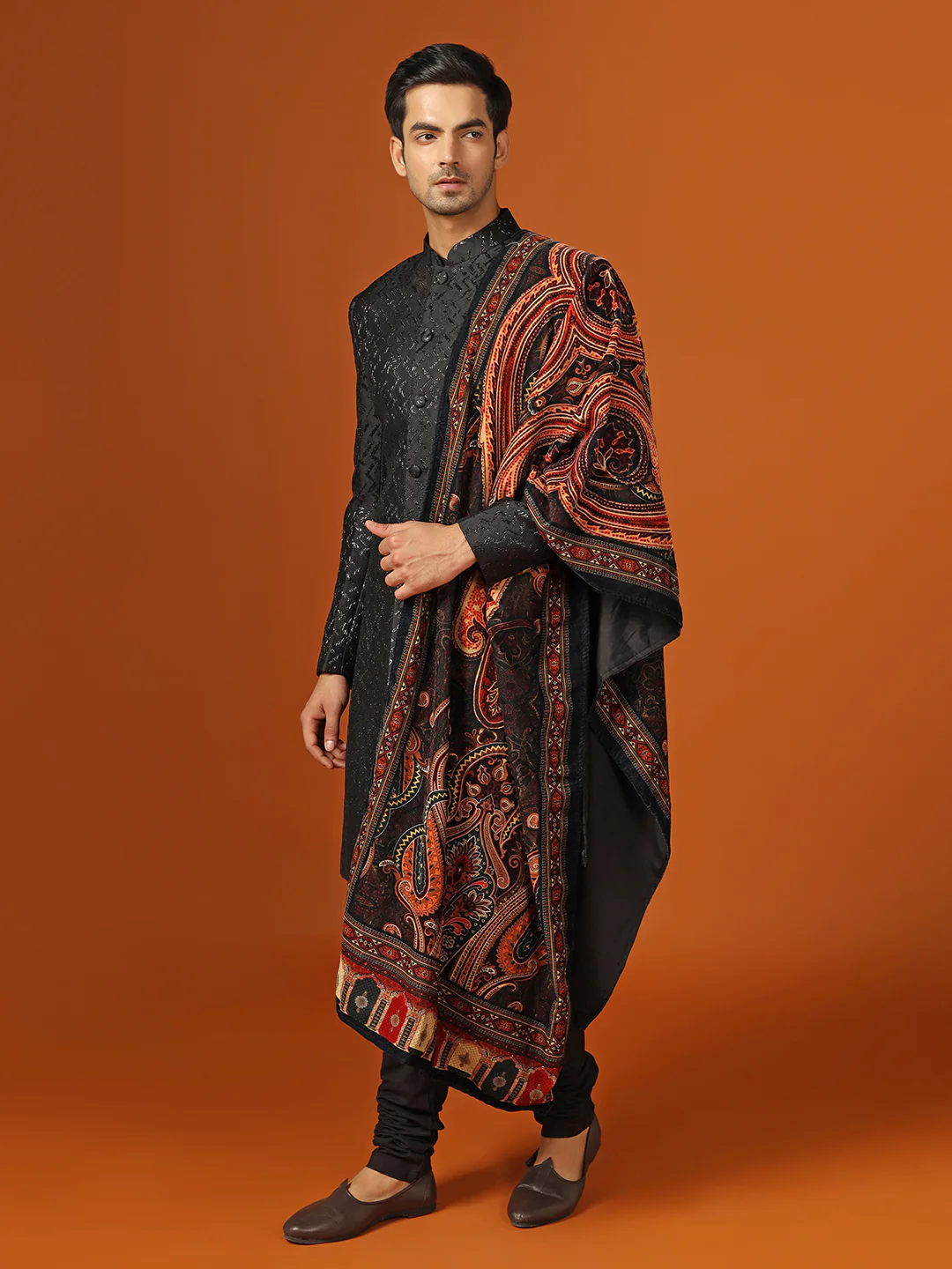 Men Shinny Black Kurta Indowestern Churidar With Dupatta Set - Image 2
