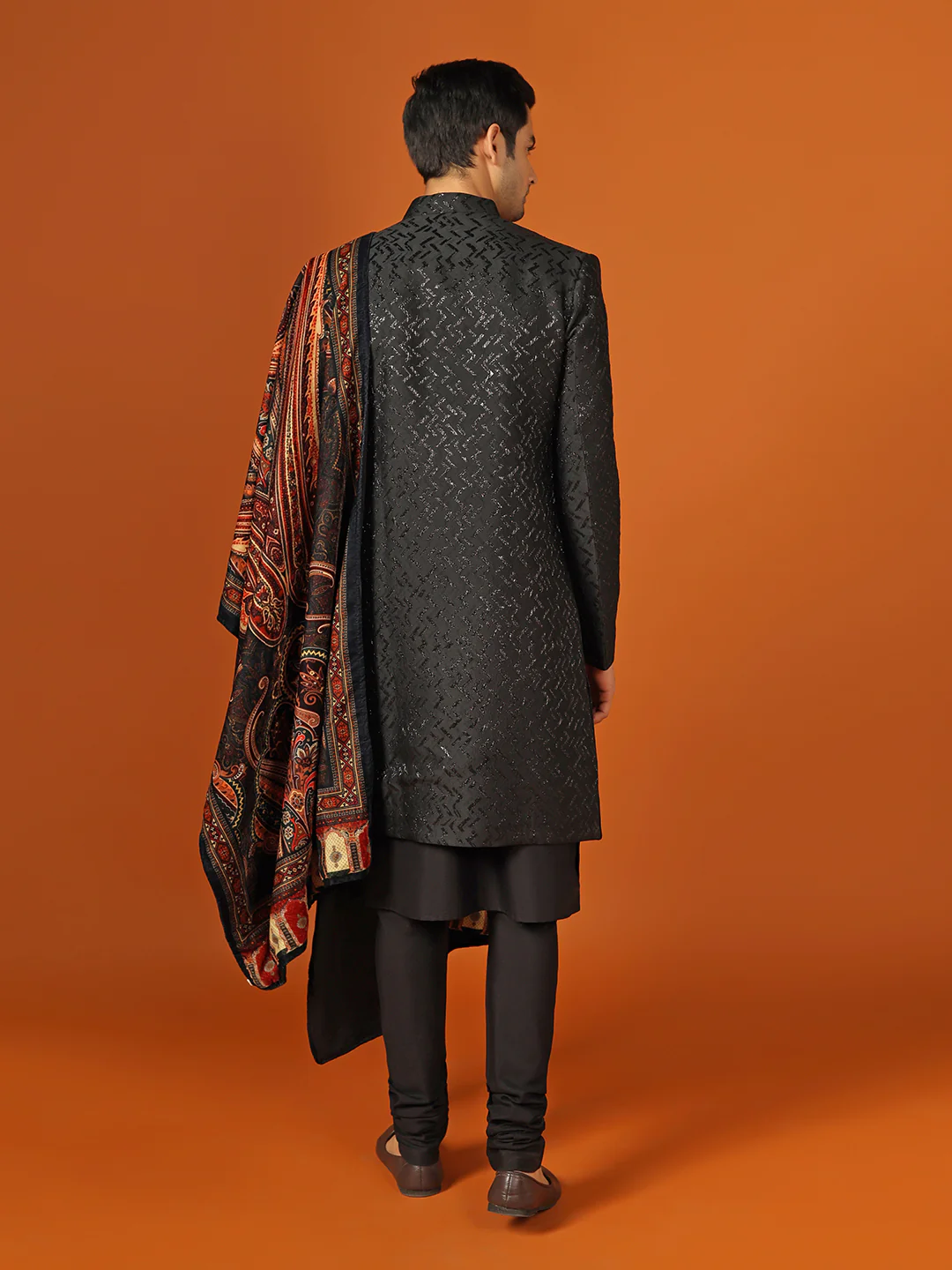 Men Shinny Black Kurta Indowestern Churidar With Dupatta Set - Image 3
