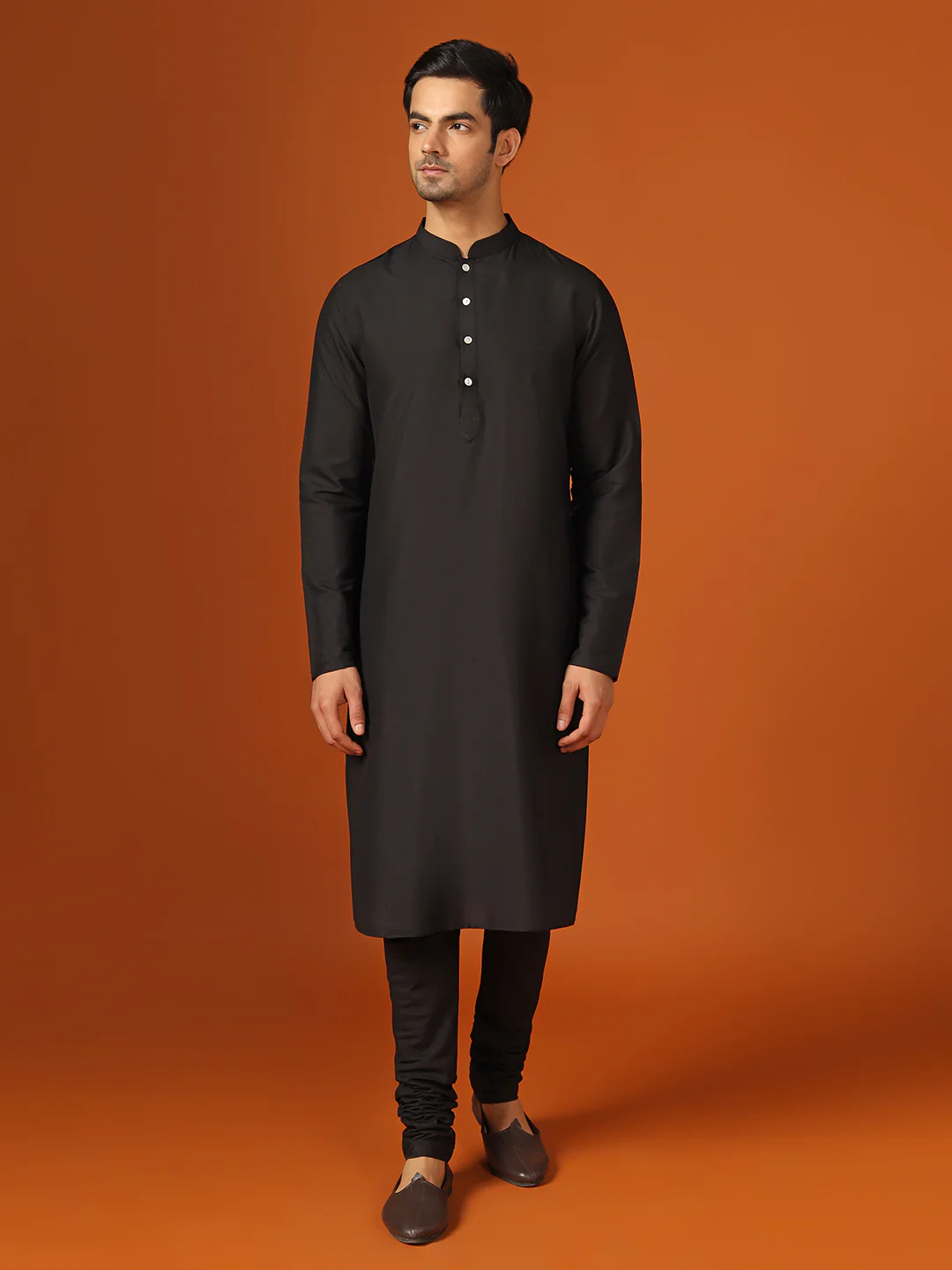 Men Shinny Black Kurta Indowestern Churidar With Dupatta Set - Image 5