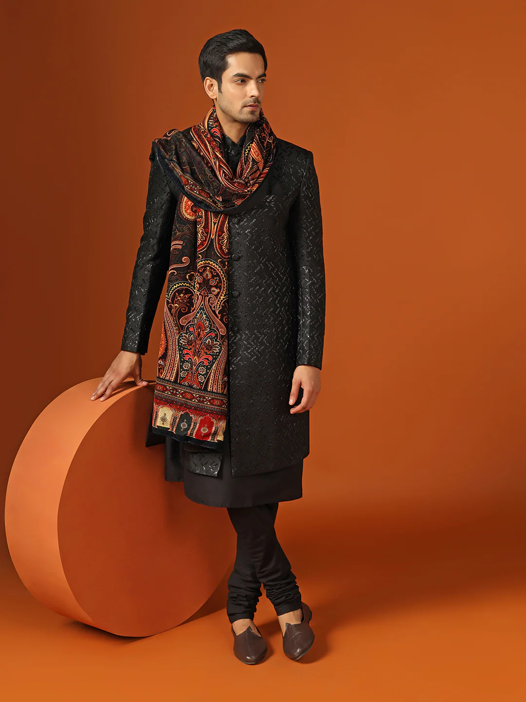 Men Shinny Black Kurta Indowestern Churidar With Dupatta Set - Image 7