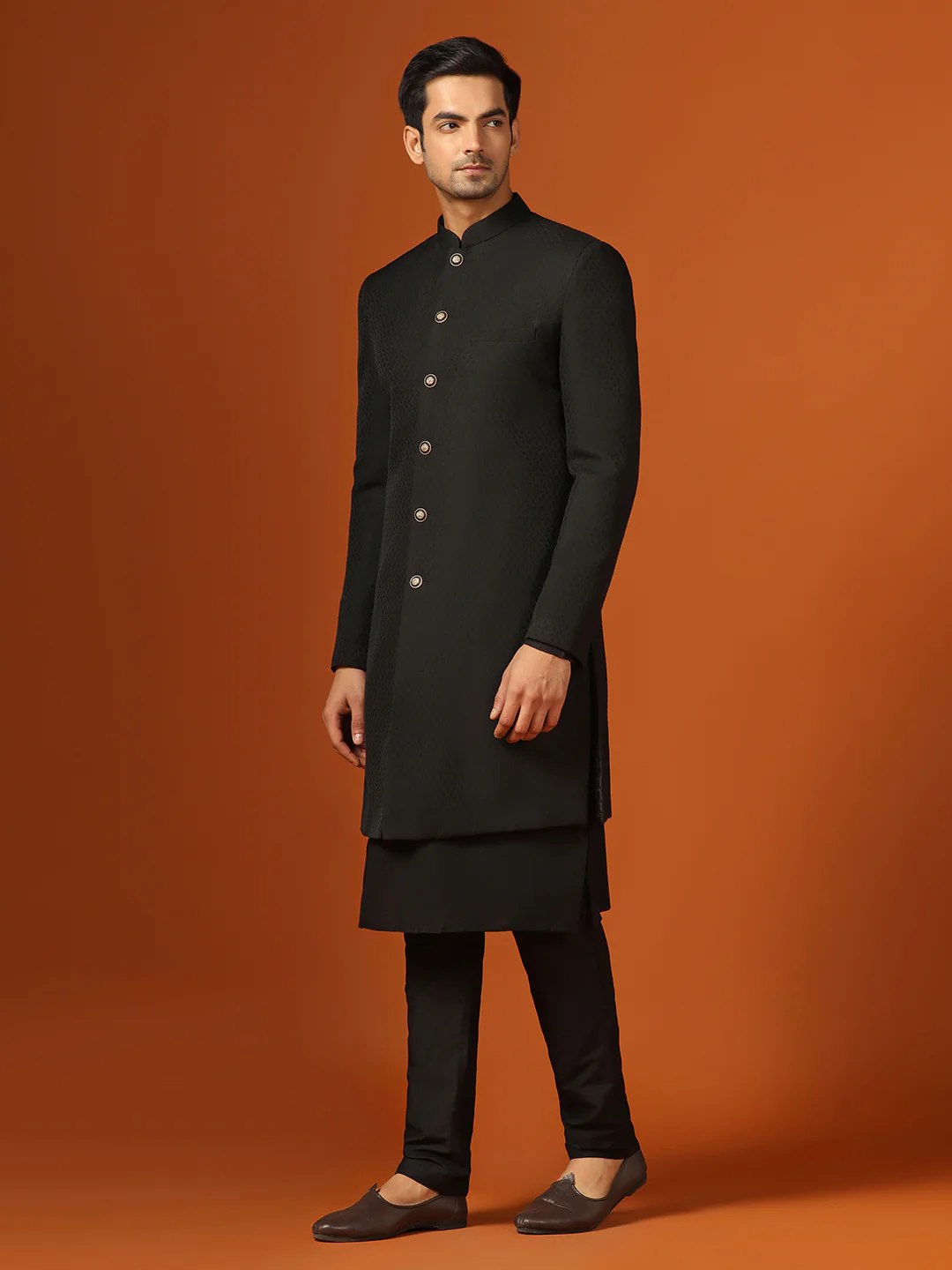 Men Black Textured Kurta Indowestern Trouser Set - Image 3