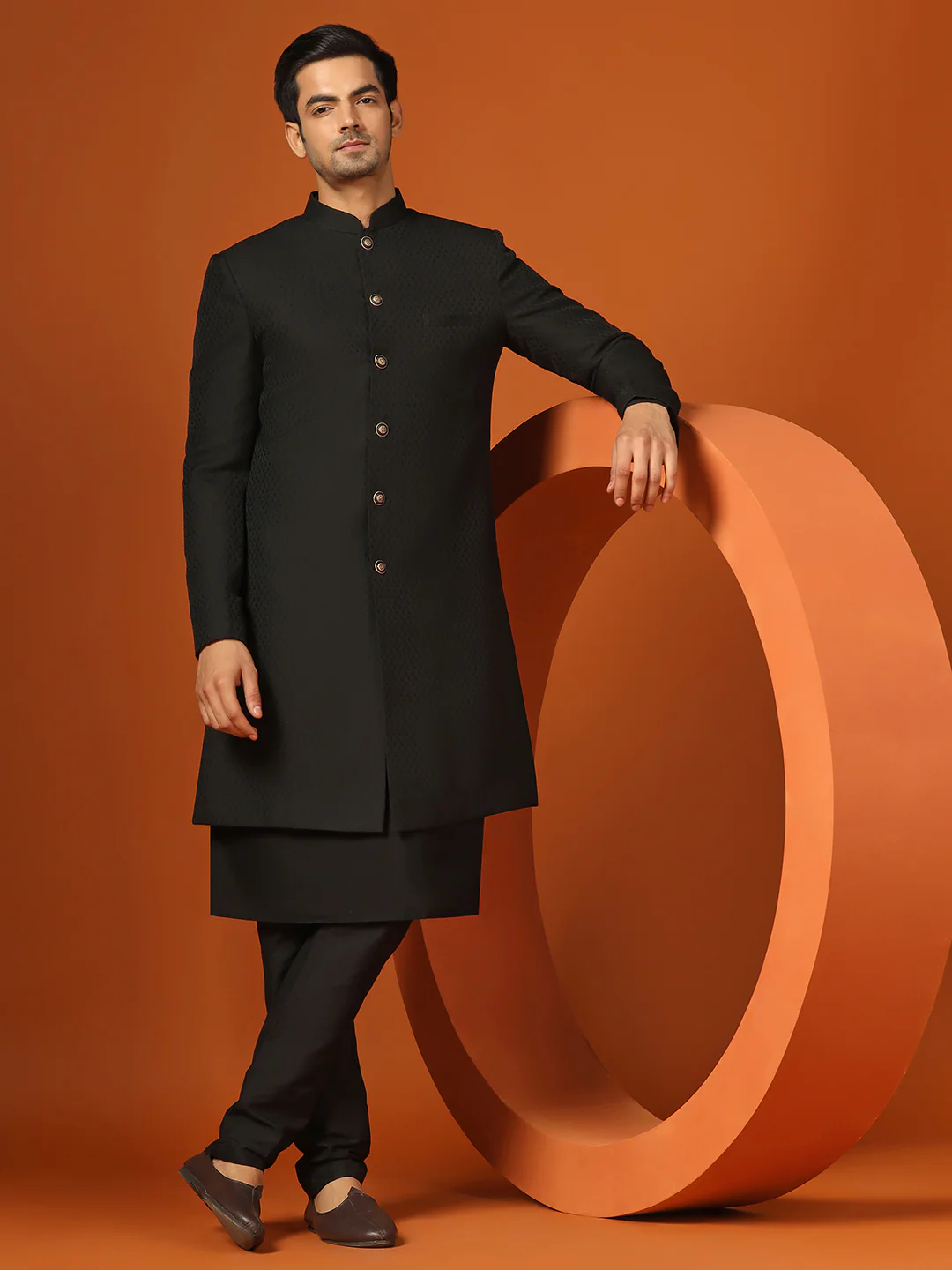 Men Black Textured Kurta Indowestern Trouser Set - Image 8