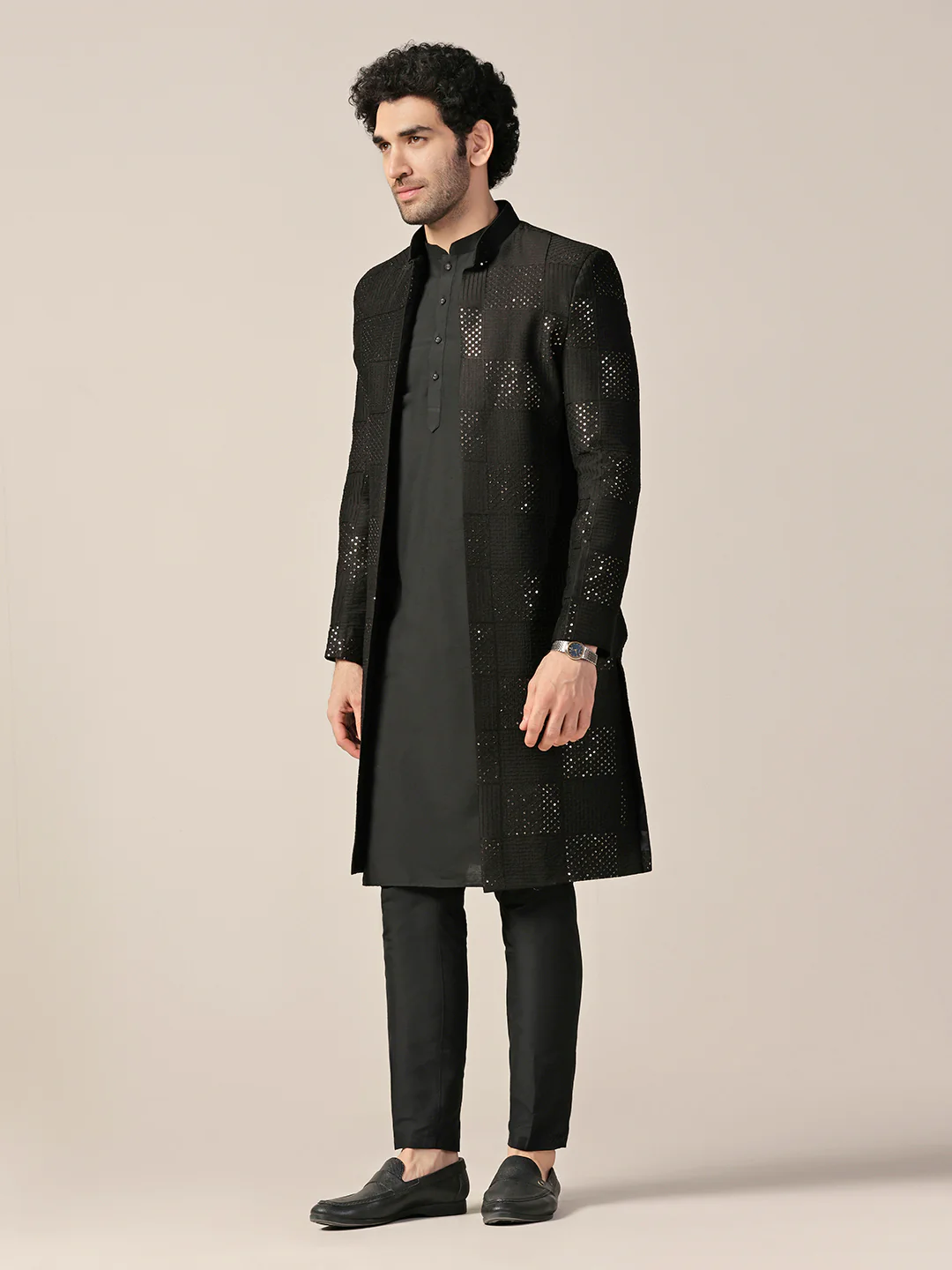 Men Black Textured Kurta Indowestern Trouser Set - Image 2