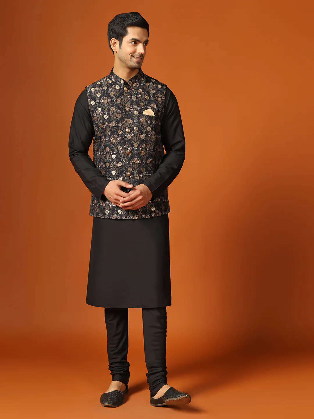 Black Cotton Textured Nehru Jacket Kurta Churidar - Image 2