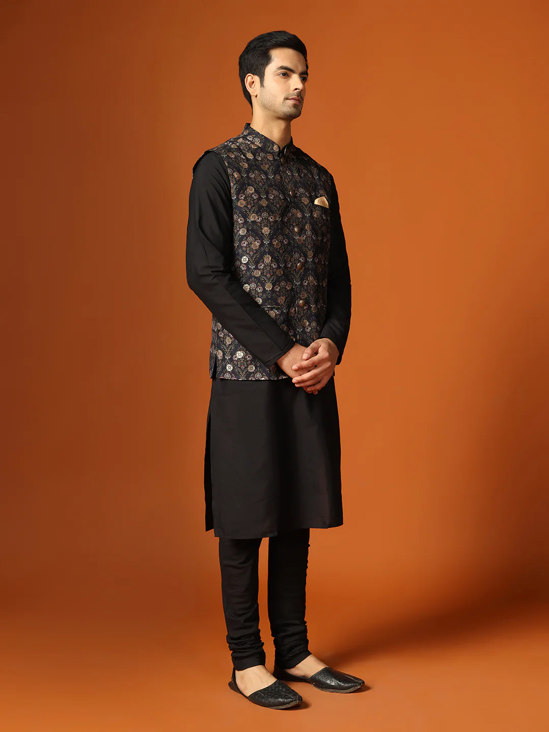 Black Cotton Textured Nehru Jacket Kurta Churidar - Image 3