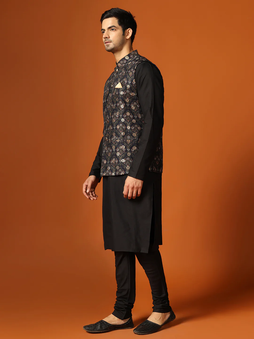 Black Cotton Textured Nehru Jacket Kurta Churidar - Image 4