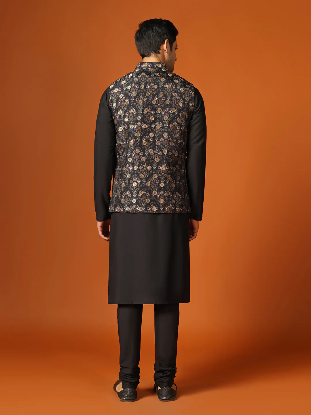 Black Cotton Textured Nehru Jacket Kurta Churidar - Image 5