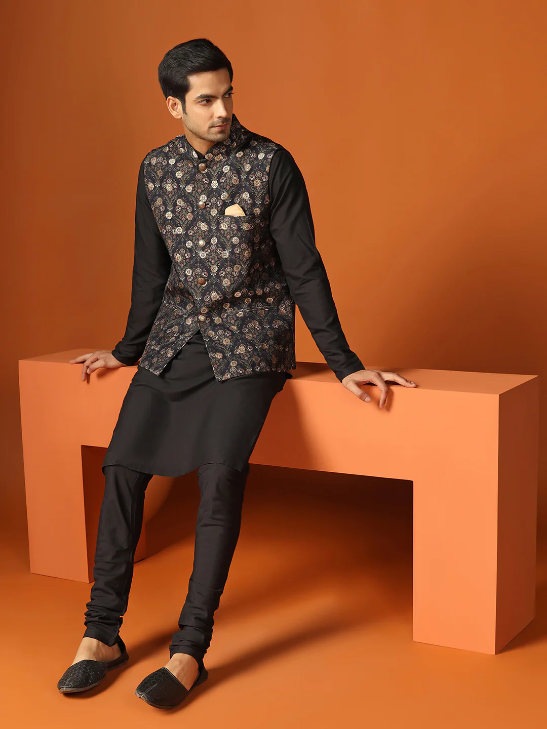Black Cotton Textured Nehru Jacket Kurta Churidar - Image 9