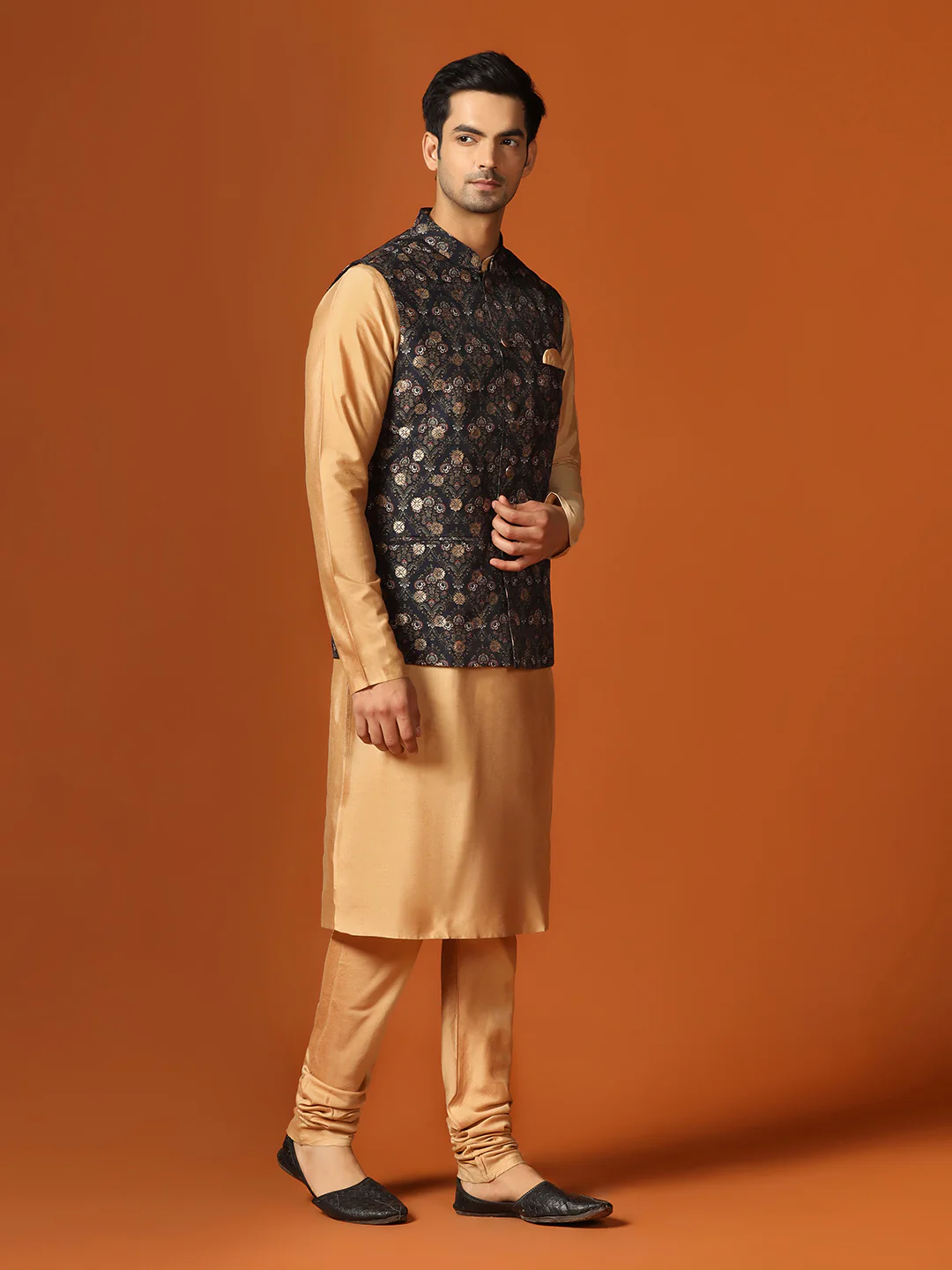 Black Woven Motifs Nehru Jacket Kurta Churidar - Image 2