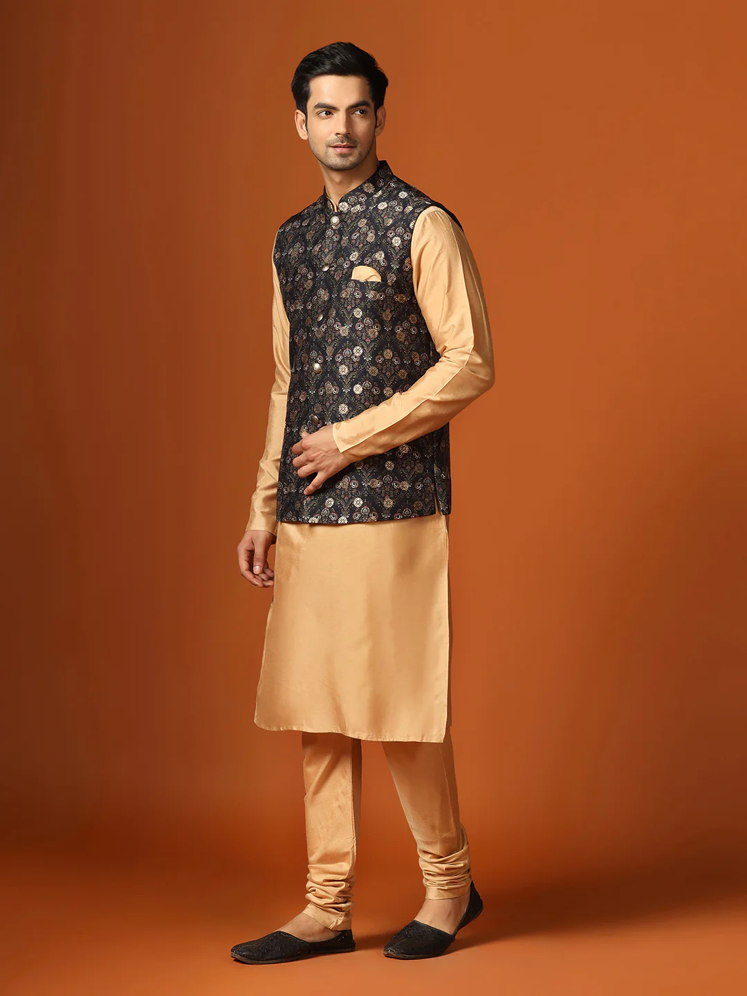 Black Woven Motifs Nehru Jacket Kurta Churidar - Image 3